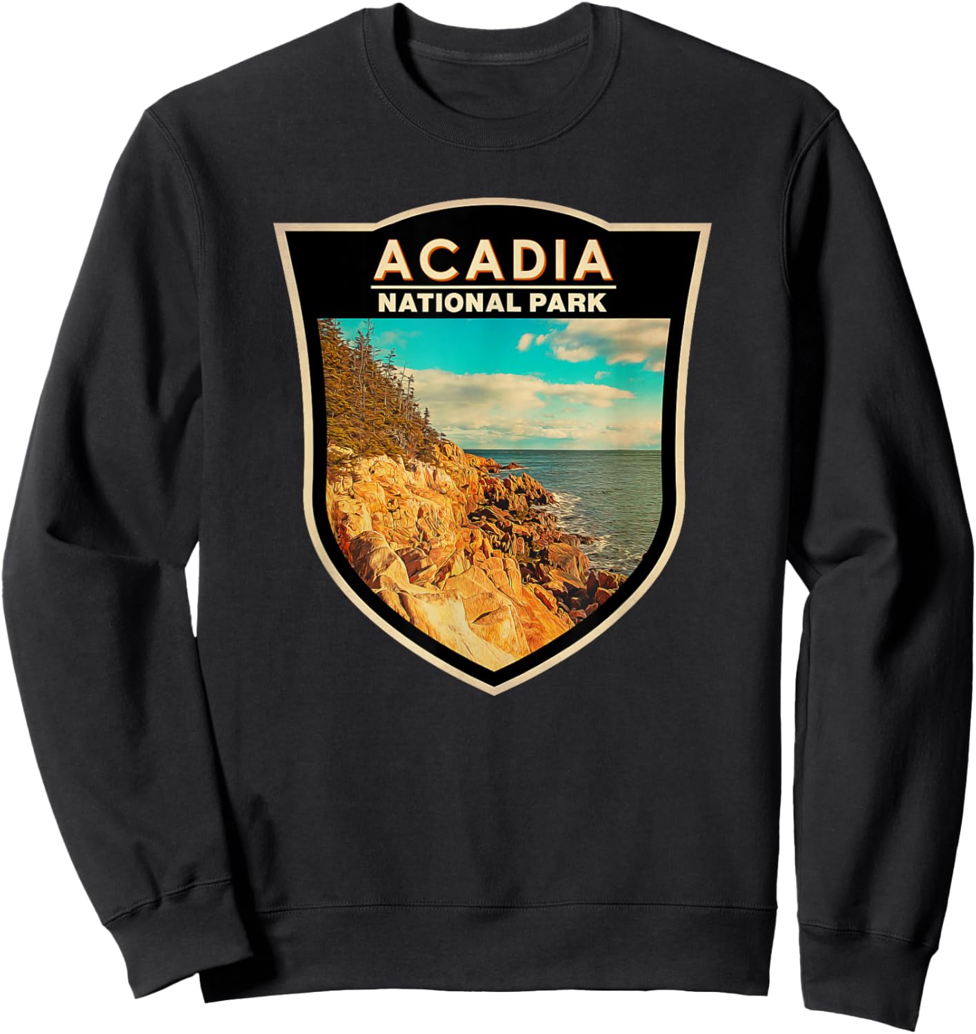 Acadia National Park Maine Bar Harbor Watercolor Badge Sweatshirt - Sweatshirt | Black