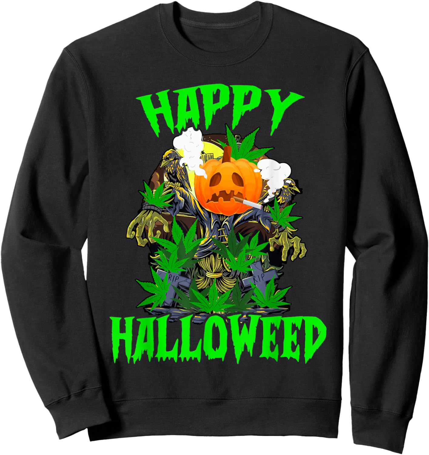 Funny Pumpkin Stoner Smoking Weed Happy Halloweed Halloween Sweatshirt - Sweatshirt | Black