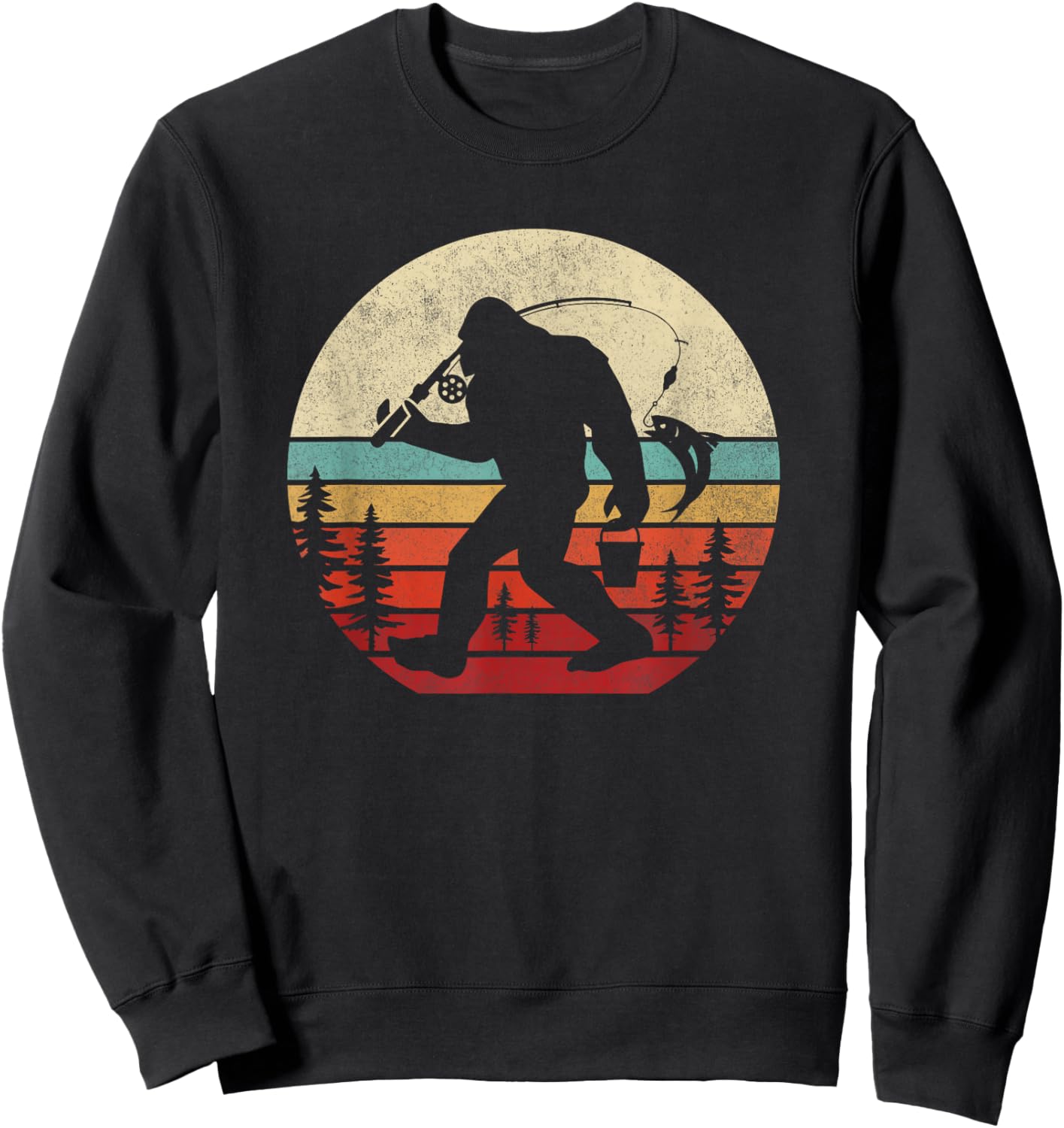 Bigfoot Fishing Funny Retro Sasquatch Dad Men Kids Sweatshirt - Sweatshirt | Black