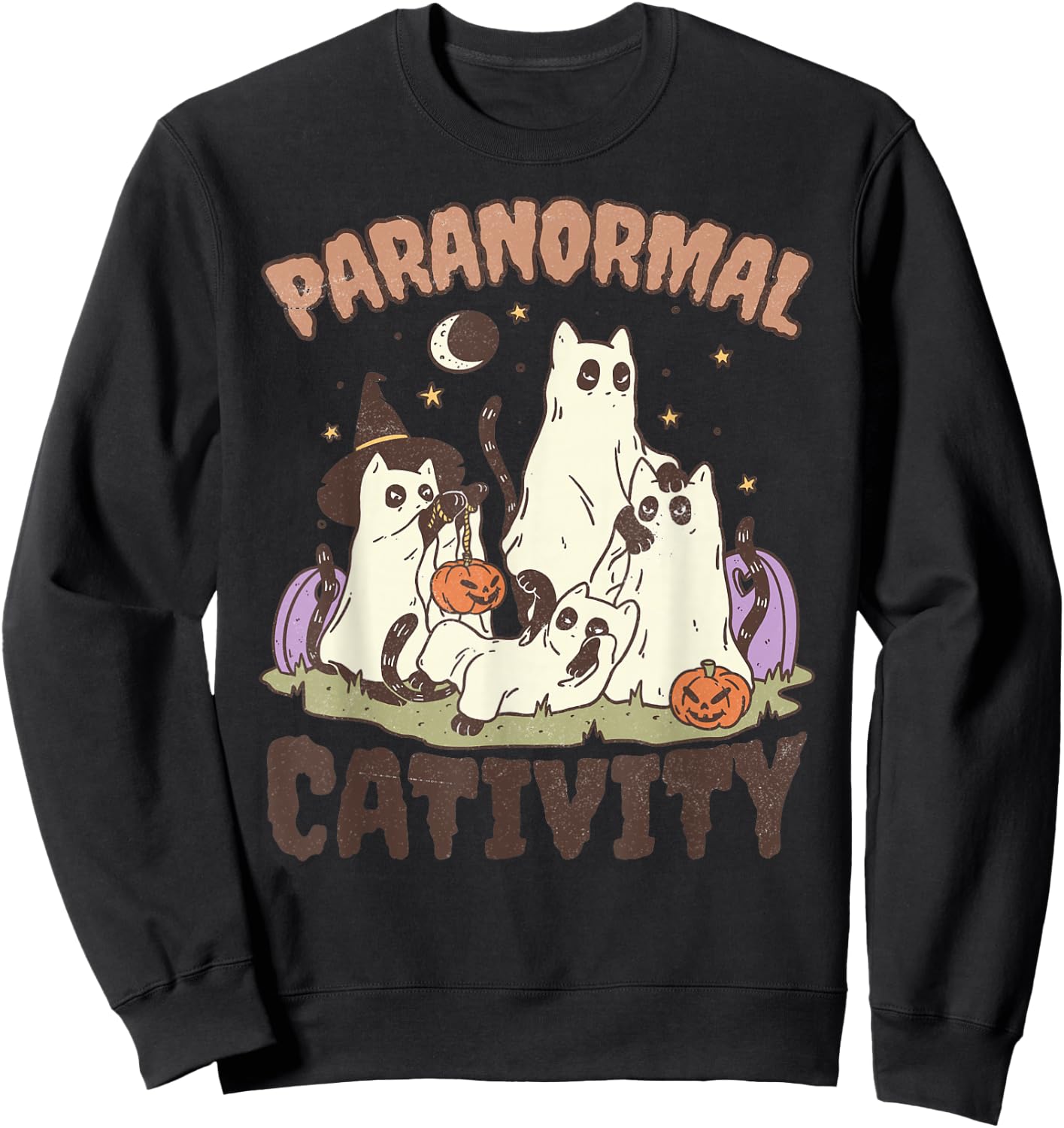 Paranormal Cativity, Cute Retro Halloween Black cat Ghost Sweatshirt - Sweatshirt | Black