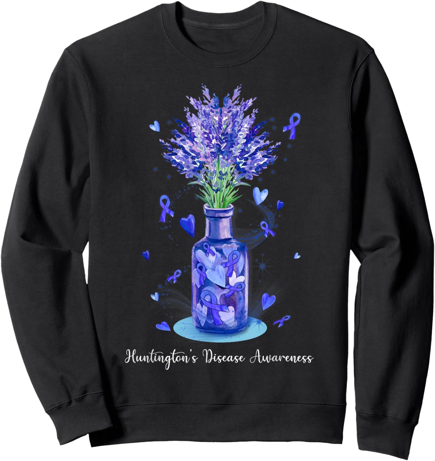 Floral Blue Ribbon Huntington's Disease Awareness Sweatshirt - Sweatshirt | Black