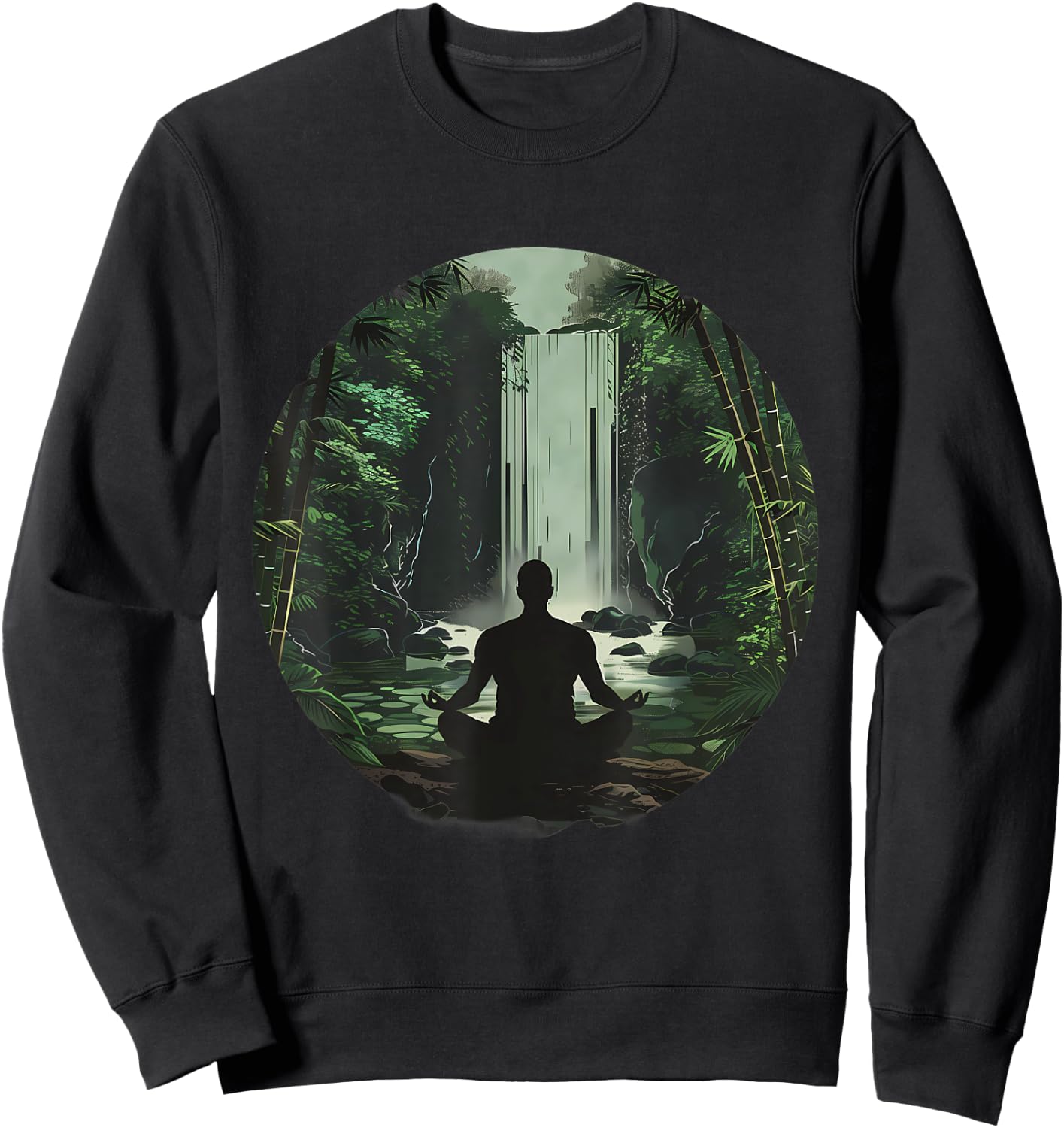 Meditation Zen Buddha Waterfall Buddhist Hindu Yoga Nature Sweatshirt - Sweatshirt | Black