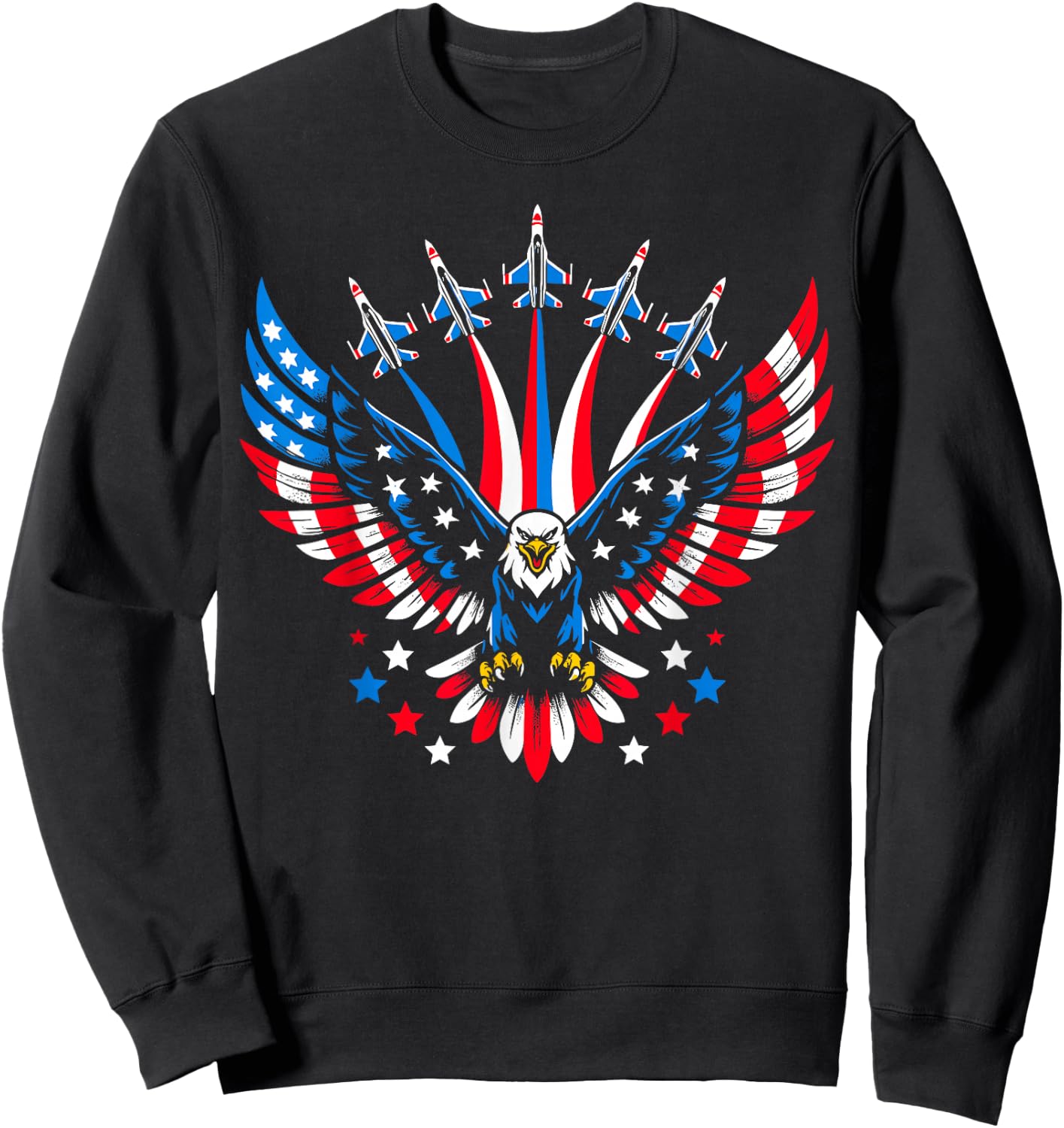 Eagle Patriotic Red Blue USA Flag Fighter Jets 4th of July Sweatshirt - Sweatshirt | Black