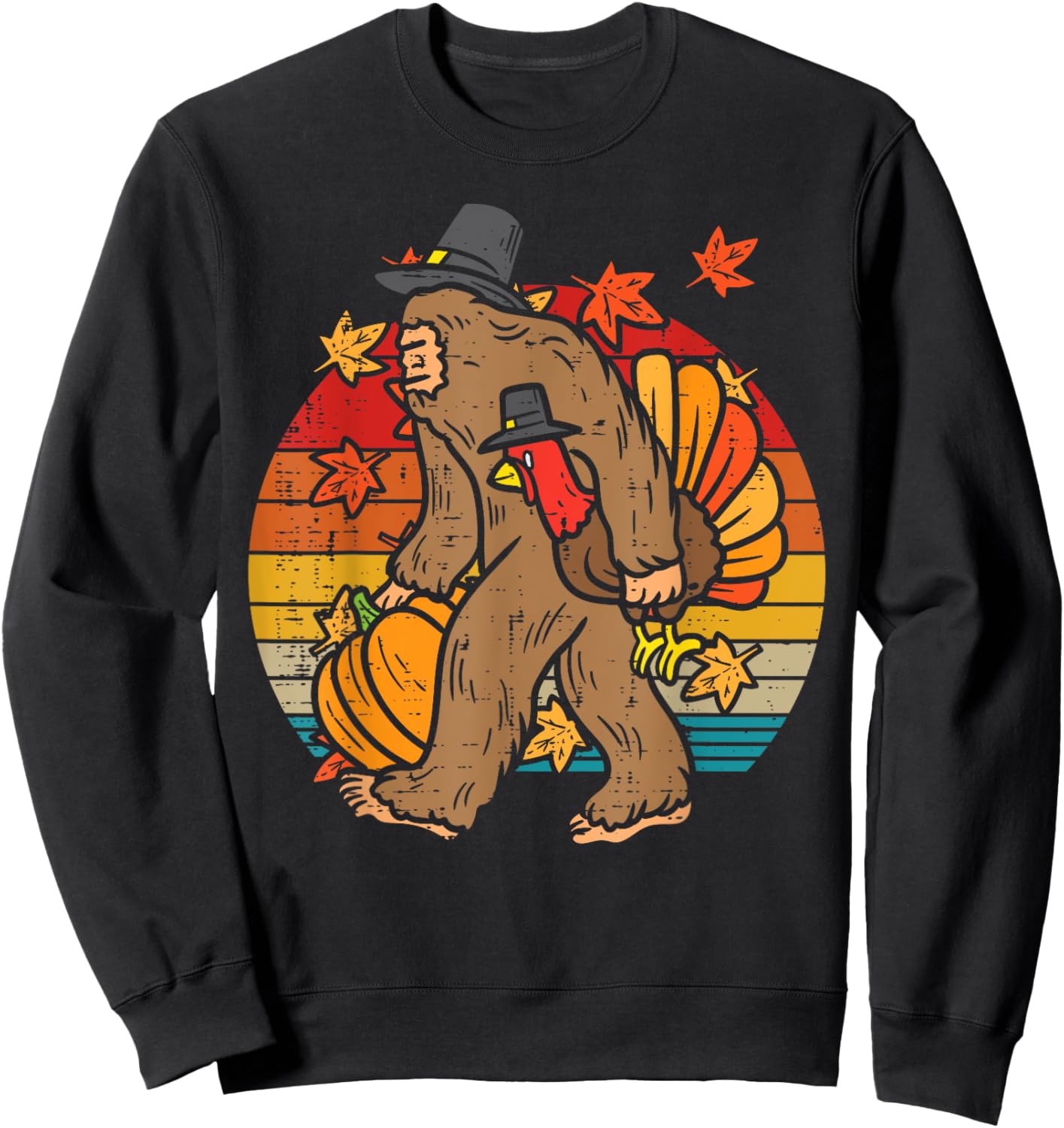 Pilgrim Bigfoot Turkey Retro Thanksgiving Sasquatch Men Sweatshirt - Sweatshirt | Black