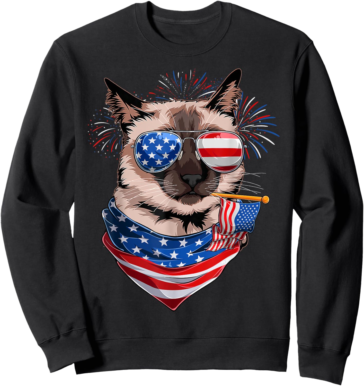 Funny Meowica Siamese Cat Lover Owner USA Flag 4th Of July Sweatshirt - Sweatshirt | Black