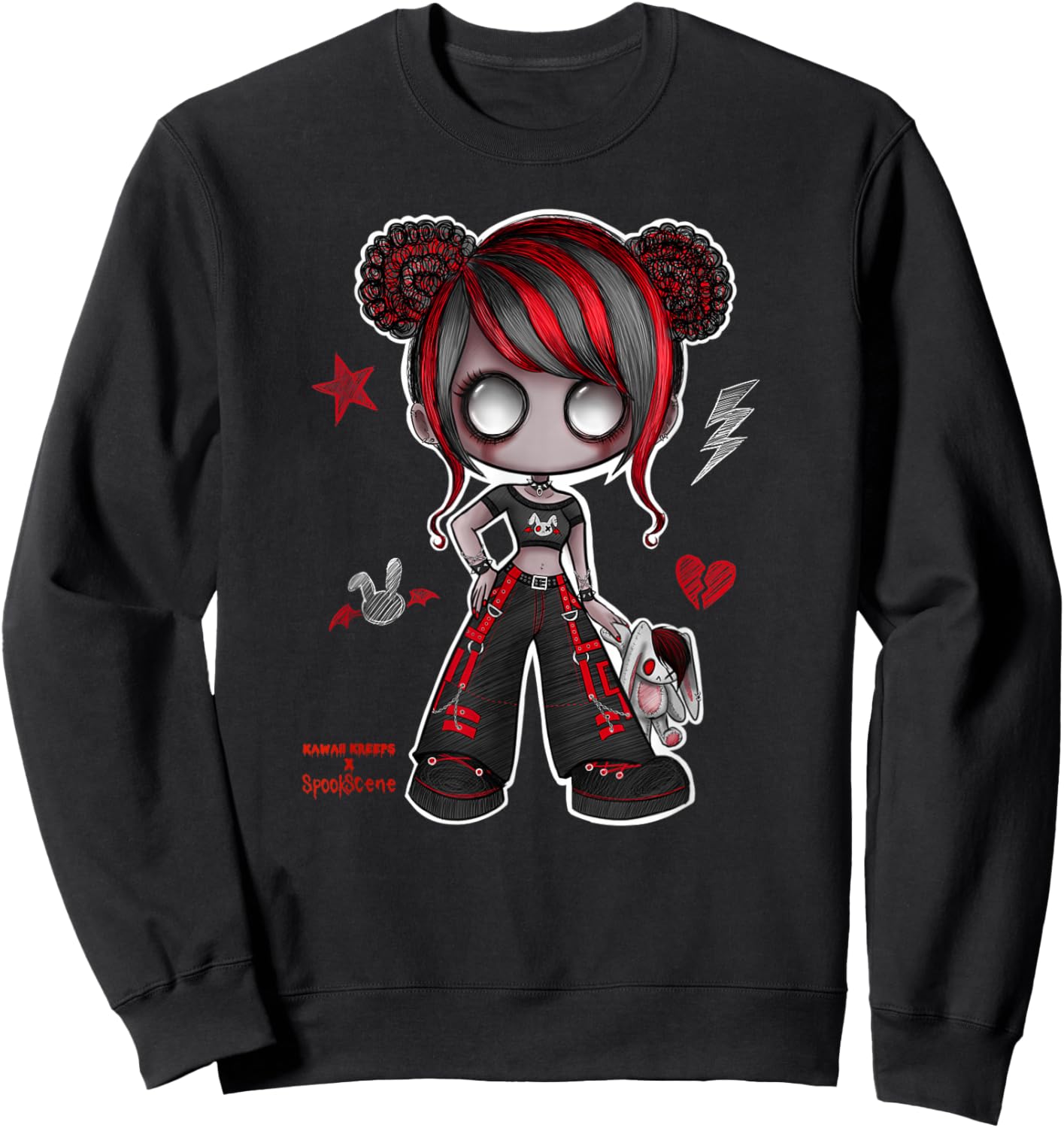 Spookscene Emo Girl Drawing Emo Bunny Doodle Mall Goth Red Sweatshirt - Sweatshirt | Black