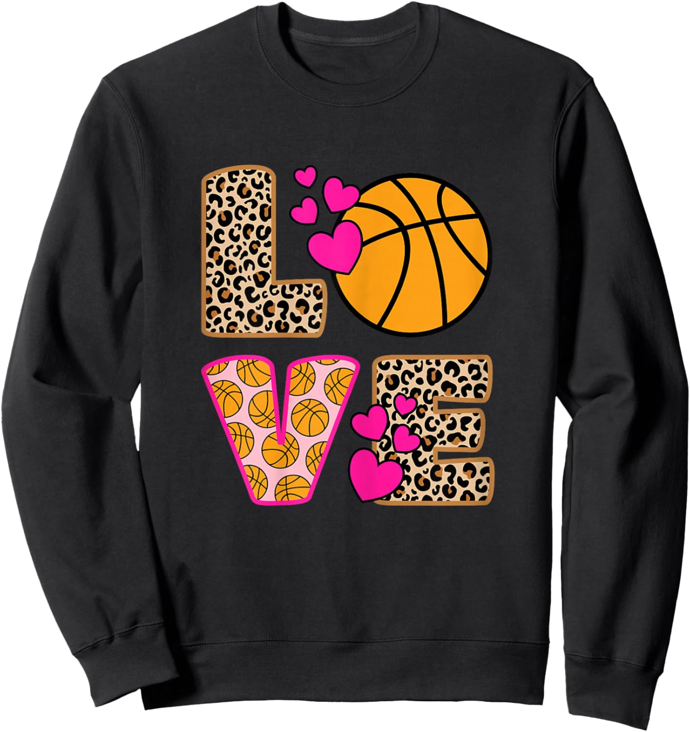 Cute Love Basketball Leopard Print Women Girls Basketball Small Sweatshirt - Sweatshirt | Black
