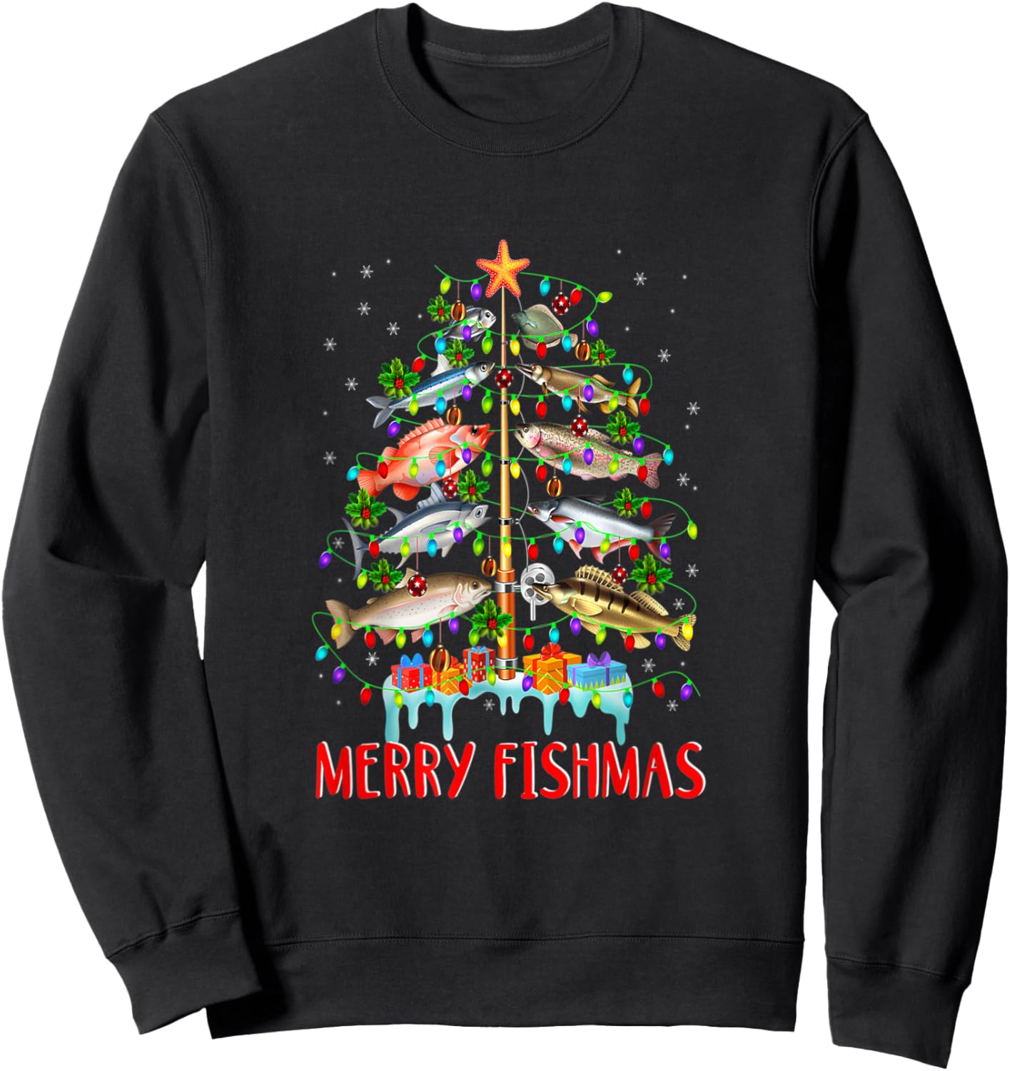 Merry Fishmas Funny Christmas Tree Lights Fish Fishing Rod Sweatshirt - Sweatshirt | Black