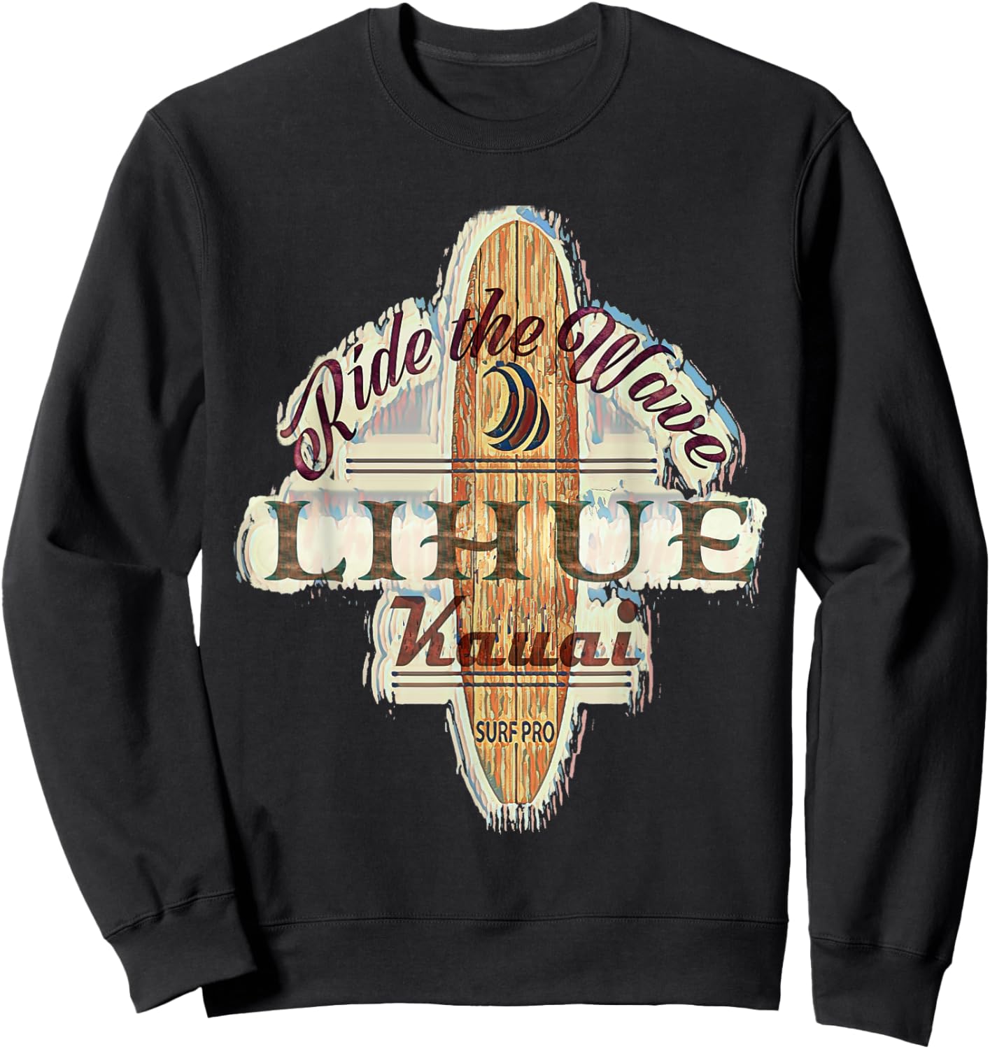 Surfing, Surfboard, Distressed Longboard Lihue Kauai Sweatshirt - Sweatshirt | Black