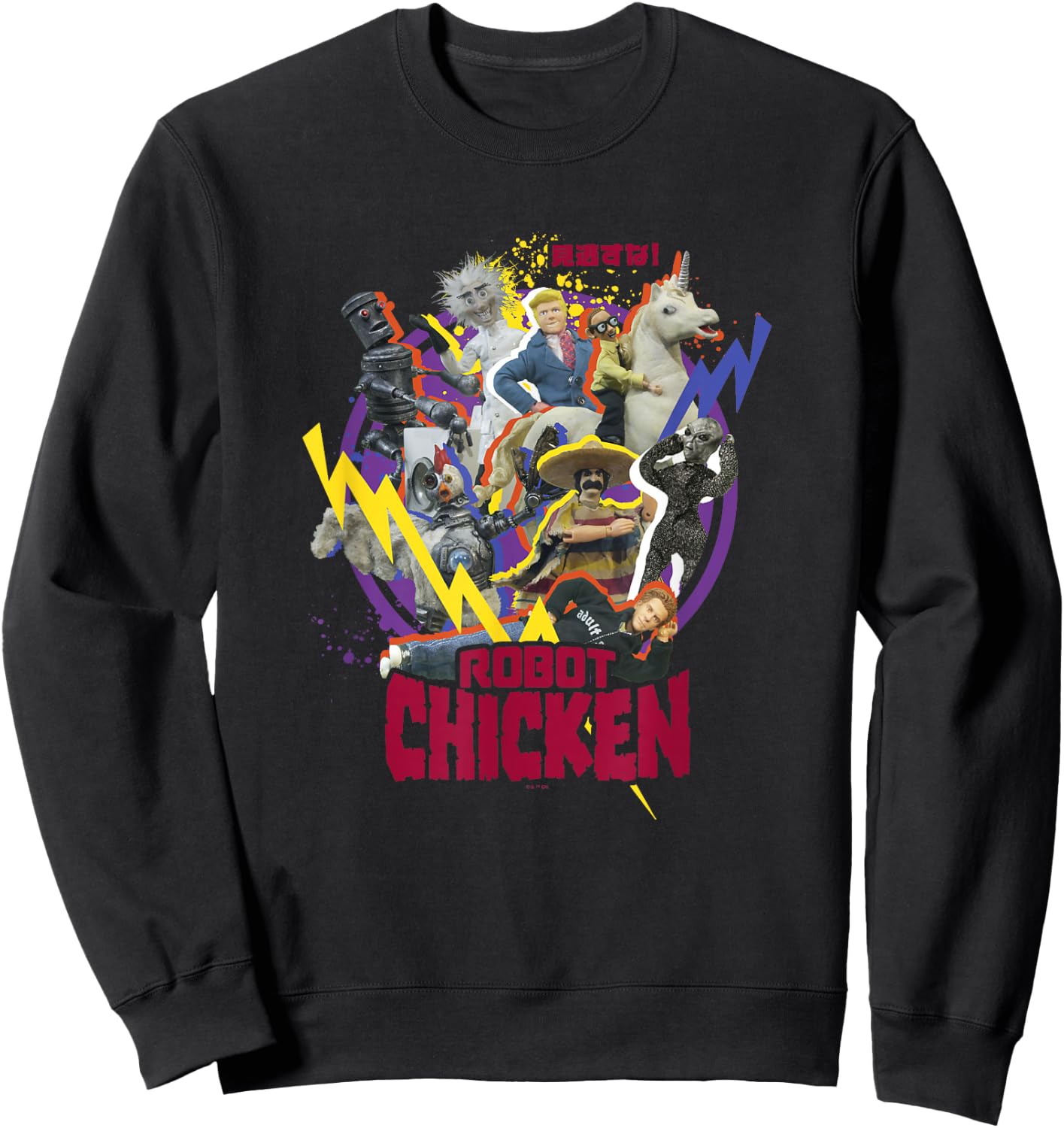 Robot Chicken Classic Characters Colorful Kanji Group Shot Sweatshirt - Sweatshirt | Black