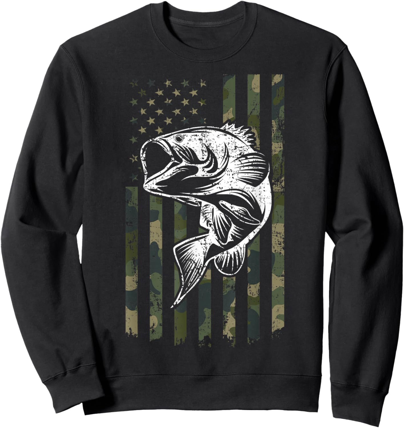 Large mouth Bass Fishing Camo American Flag USA Fisherman Sweatshirt - Sweatshirt | Black