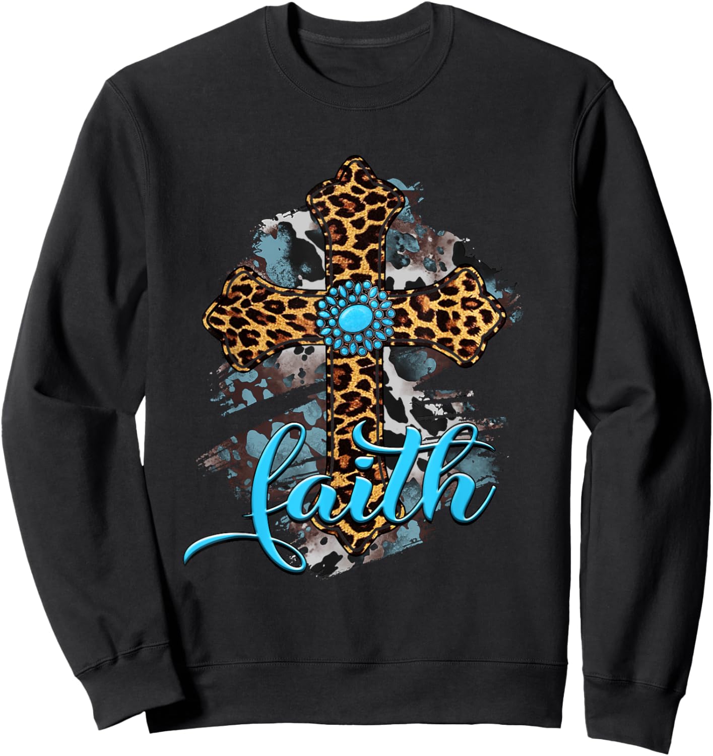 Western Boho Christian Turquoise Leopard Faith Cross Jesus Sweatshirt - Sweatshirt | Black