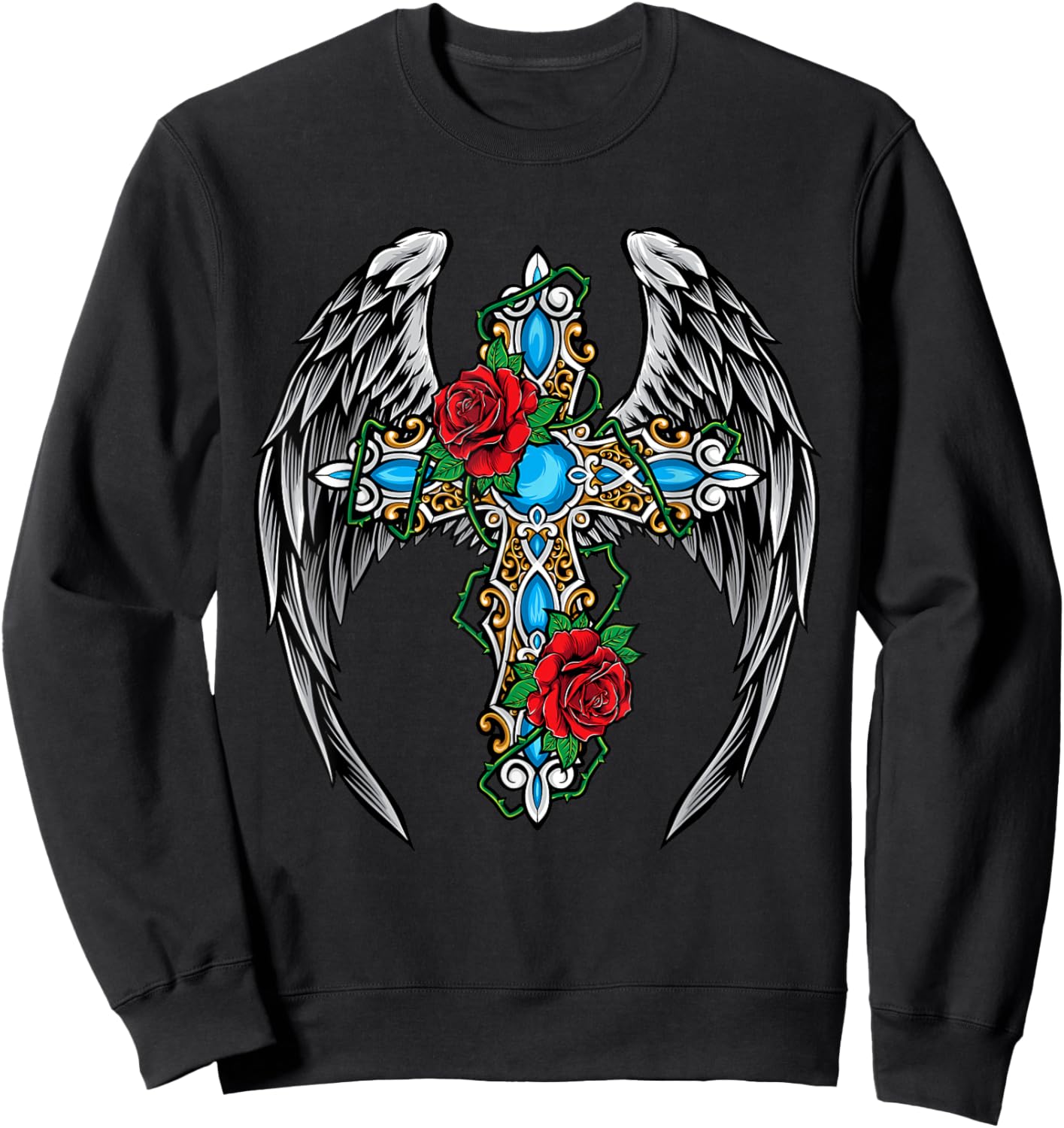 Christian Cross Vintage Rose Flower Cross Wings Religion Sweatshirt - Sweatshirt | Black