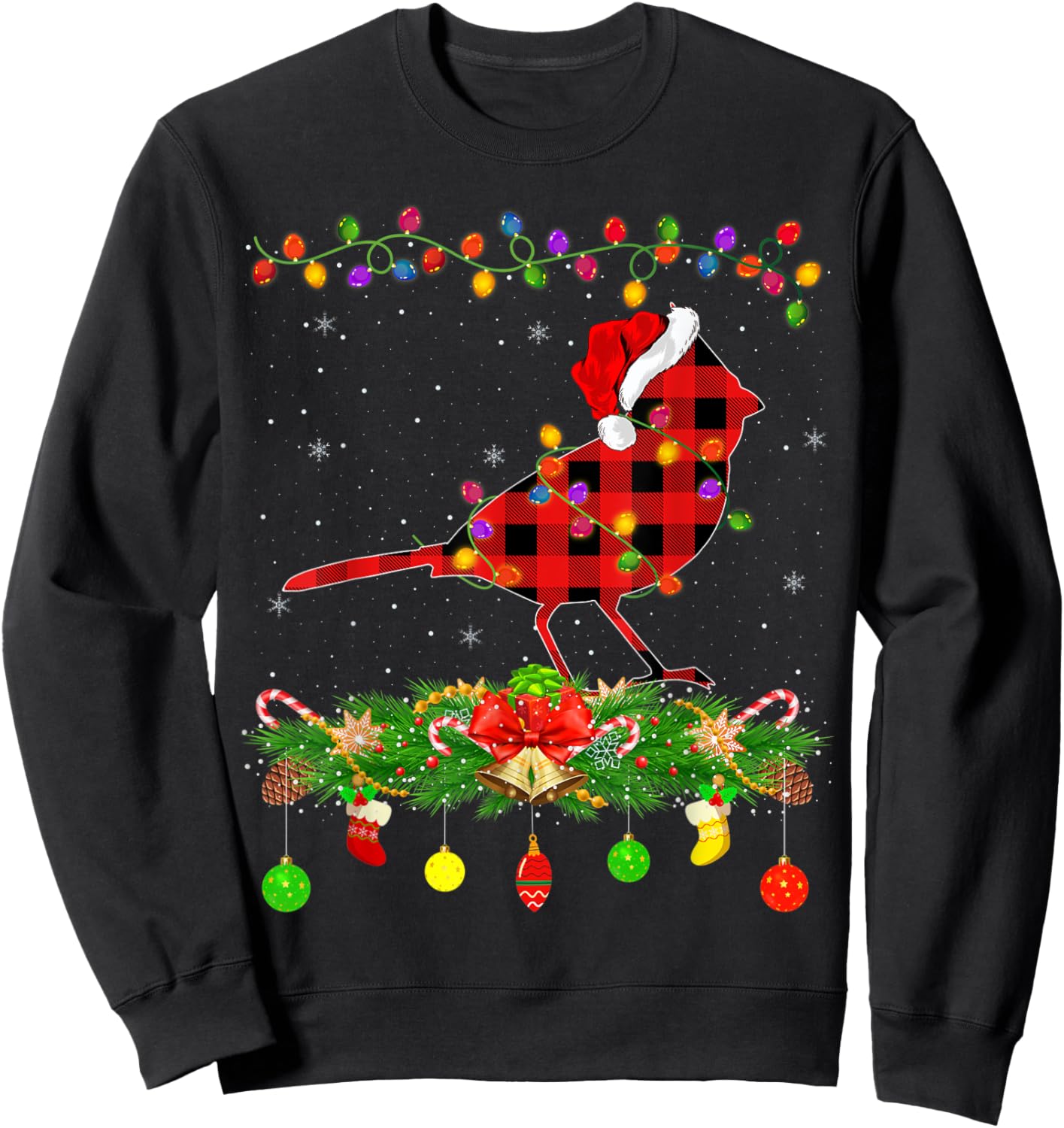 Funny Matching Buffalo Plaid Cardinal Bird Christmas Pajama Sweatshirt - Sweatshirt | Black