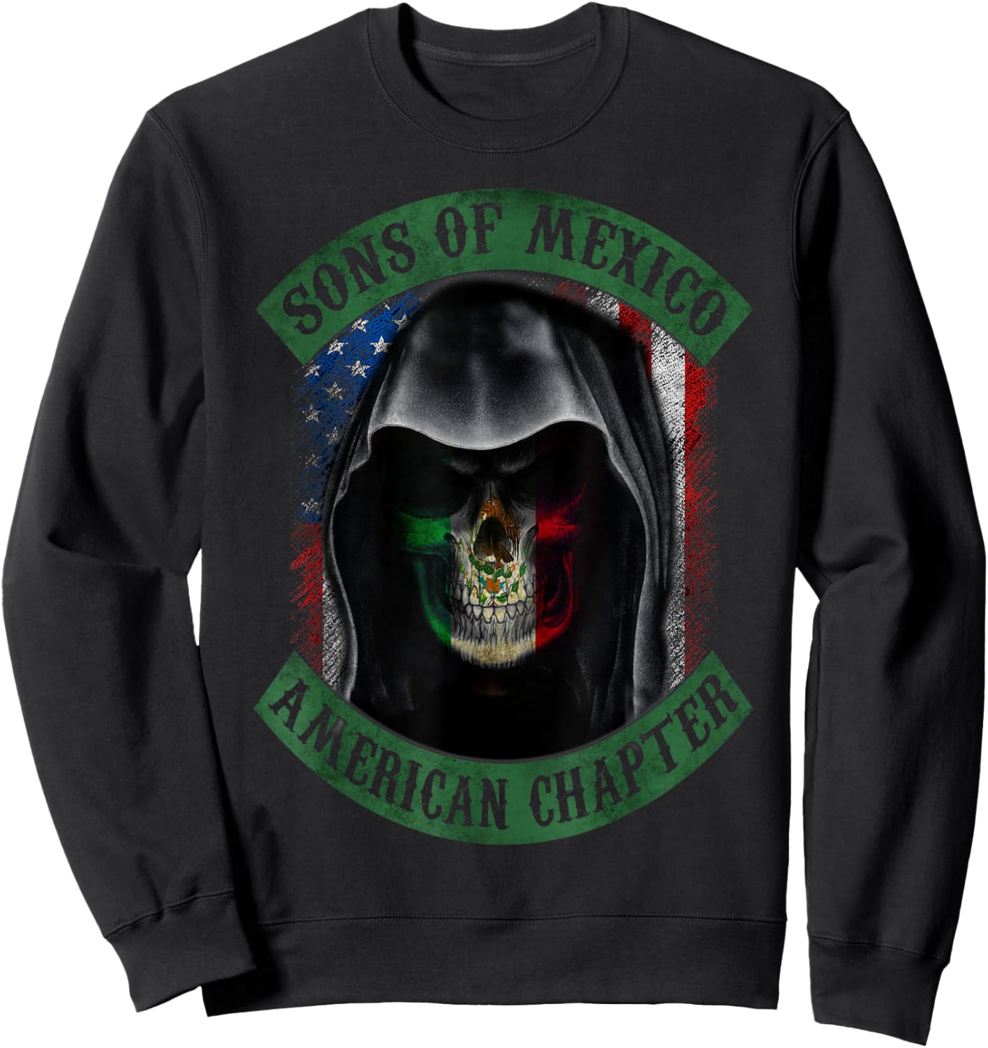 Sons Of Mexico, American Chapter, Mexican Skull USA Flag Women Men Sweatshirt - Sweatshirt | Black