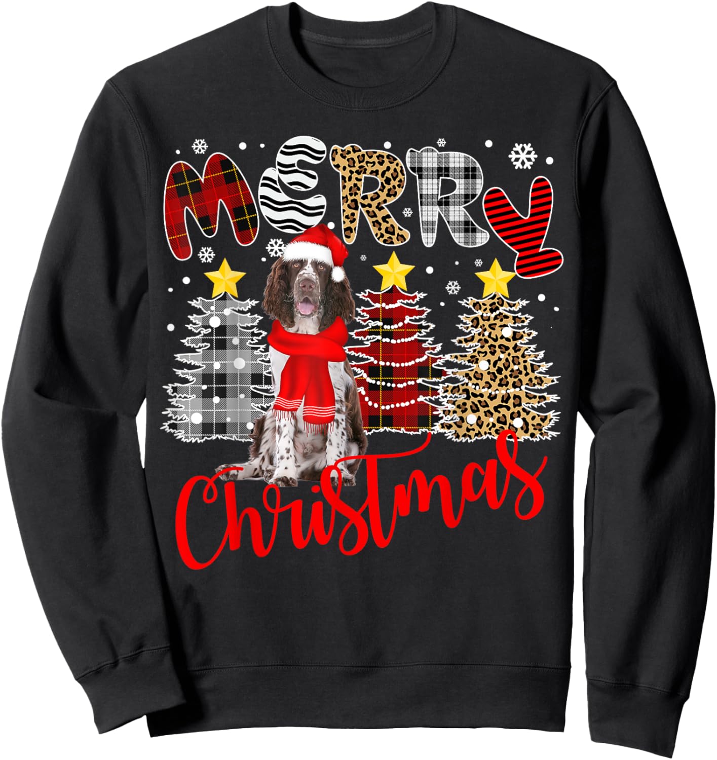 English Springer Spaniel Christmas Tree Leopard Plaid Print Sweatshirt - Sweatshirt | Black