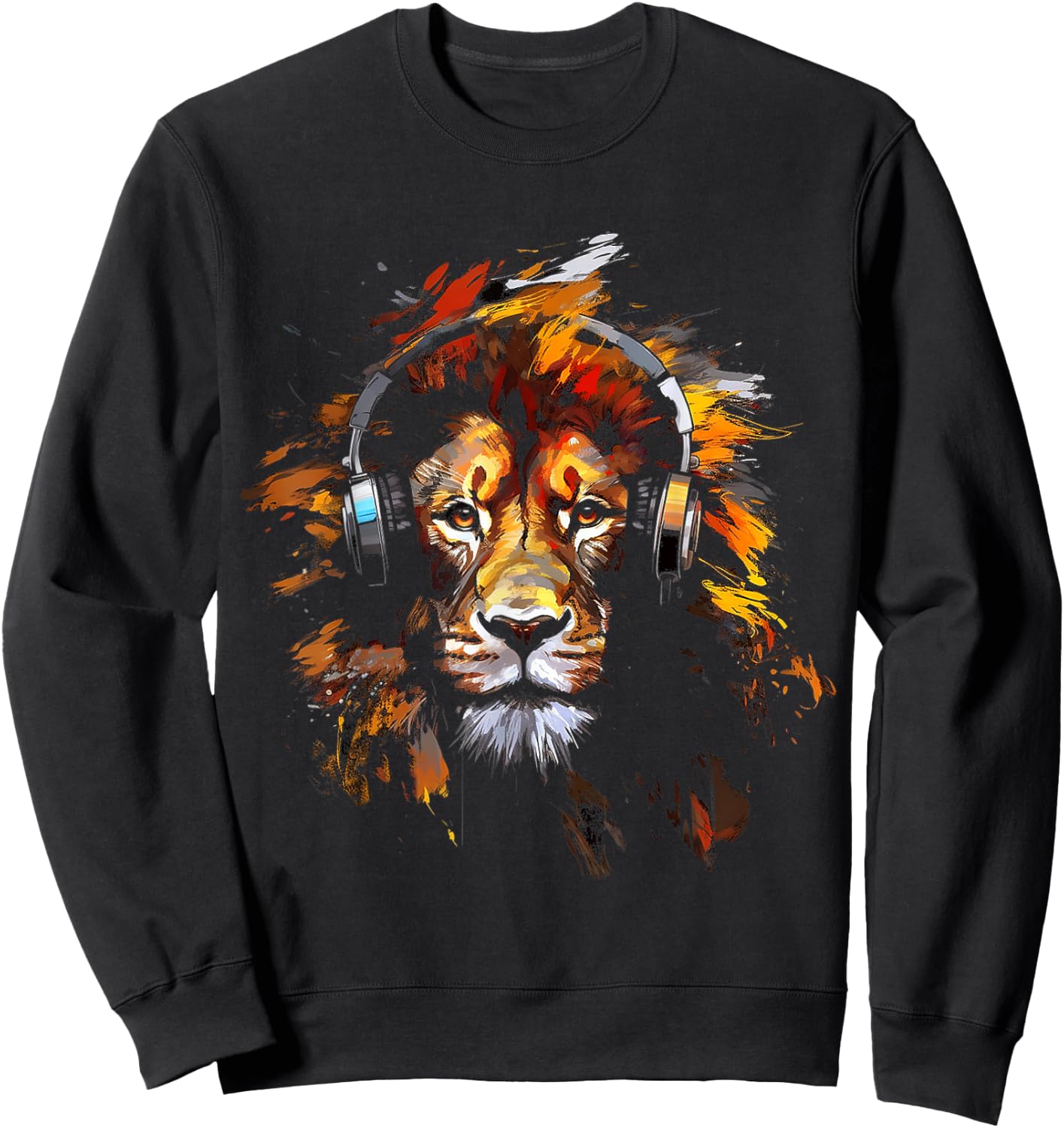 Lion Headphones Animal Motif Music Artwork Lion Sweatshirt - Sweatshirt | Black