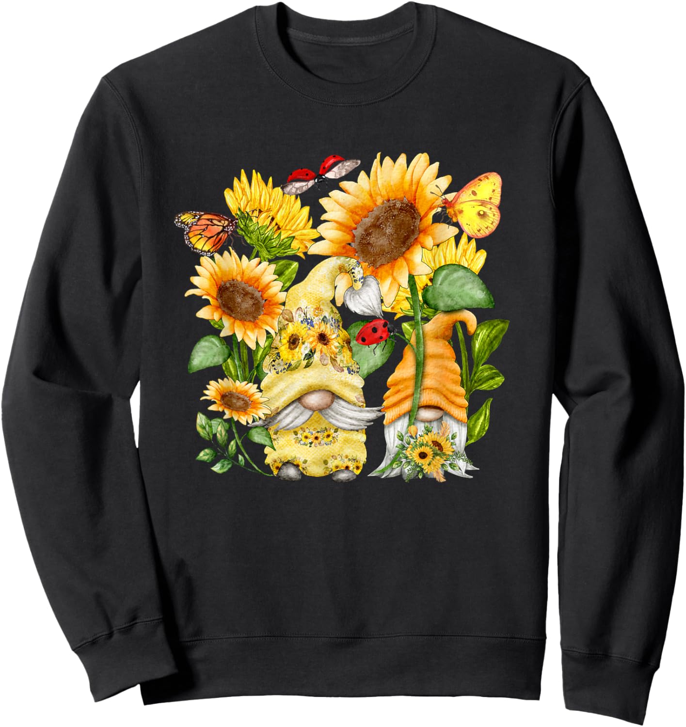 Sunflower Gnome Butterfly & Ladybug Floral Flower Sweatshirt - Sweatshirt | Black