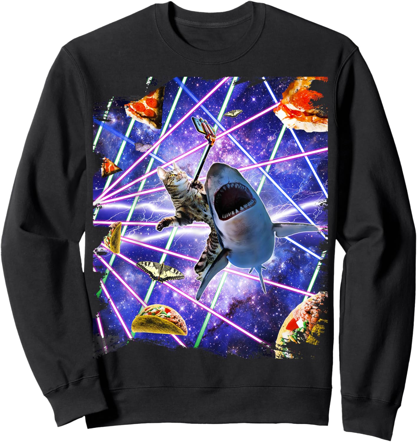 Selfie Cat Riding Shark, Space Rave, Pizza Taco Butterfly Sweatshirt - Sweatshirt | Black