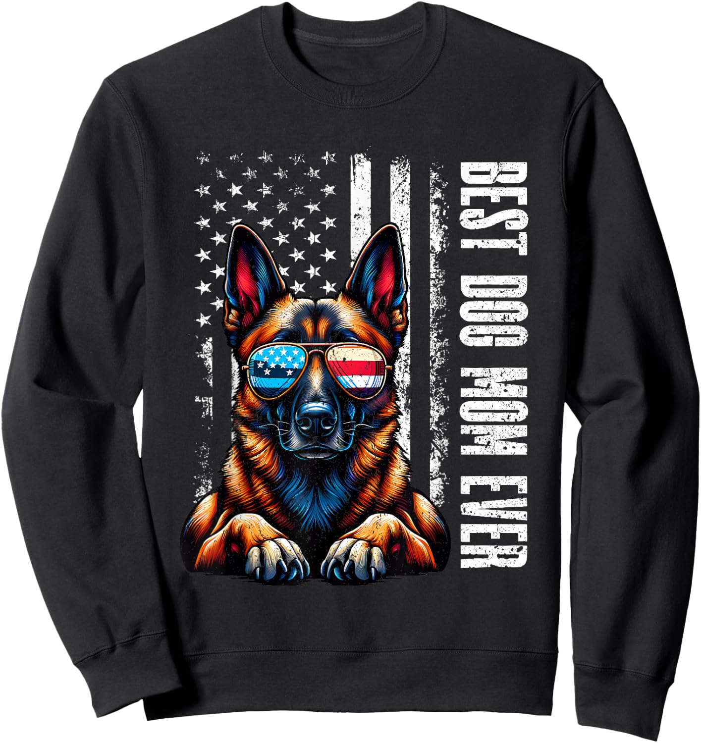 Vintage Best Dog Mom Ever Belgian Malinois Dog American Flag Sweatshirt - Sweatshirt | Black