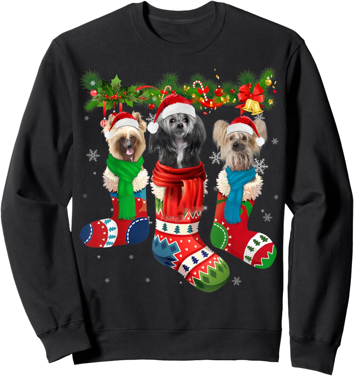 Three Chinese Crested Dogs In Christmas Socks Sweatshirt - Sweatshirt | Black