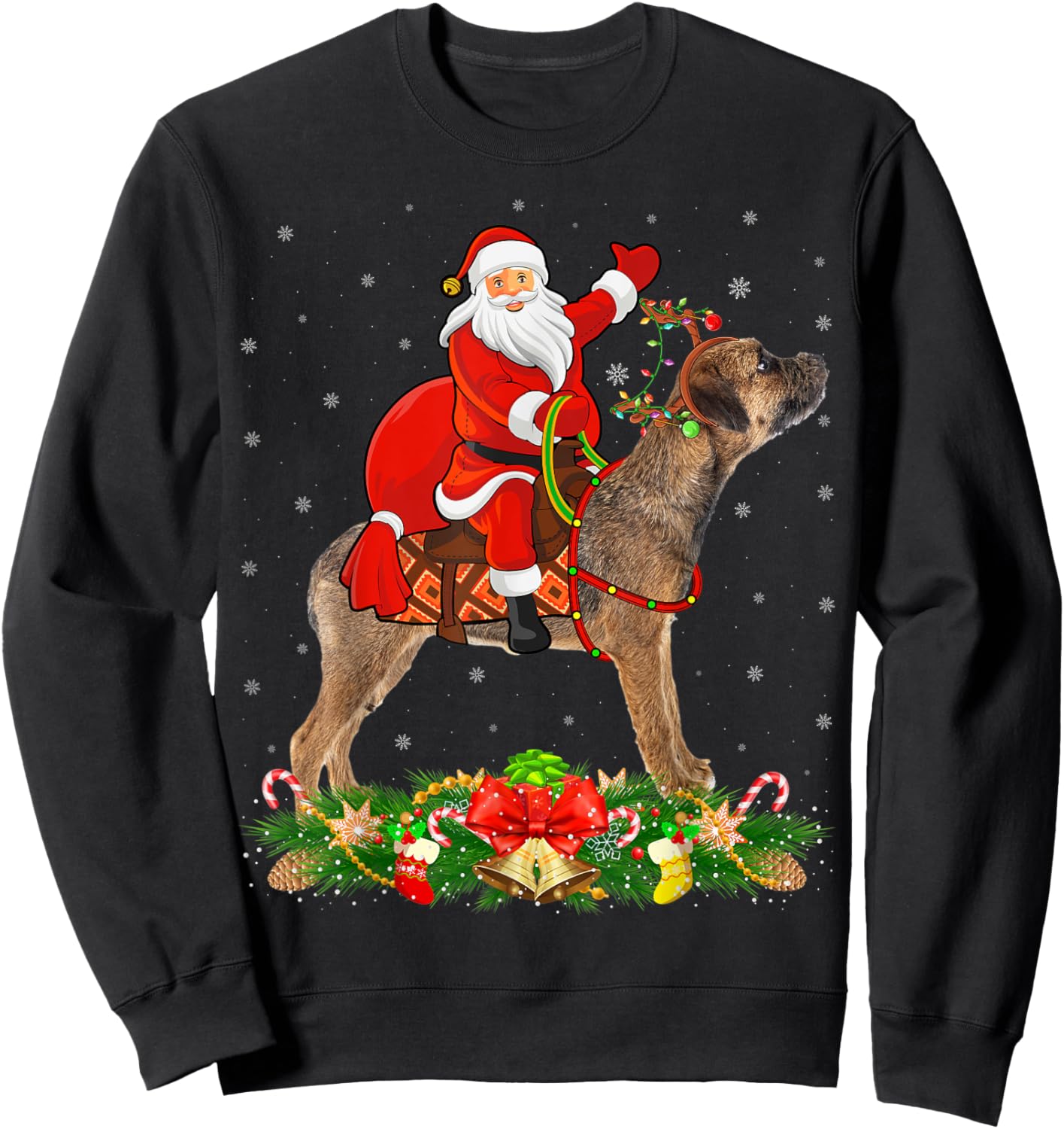 Xmas Matching Funny Santa Riding Border Terrier Christmas Sweatshirt - Sweatshirt | Black