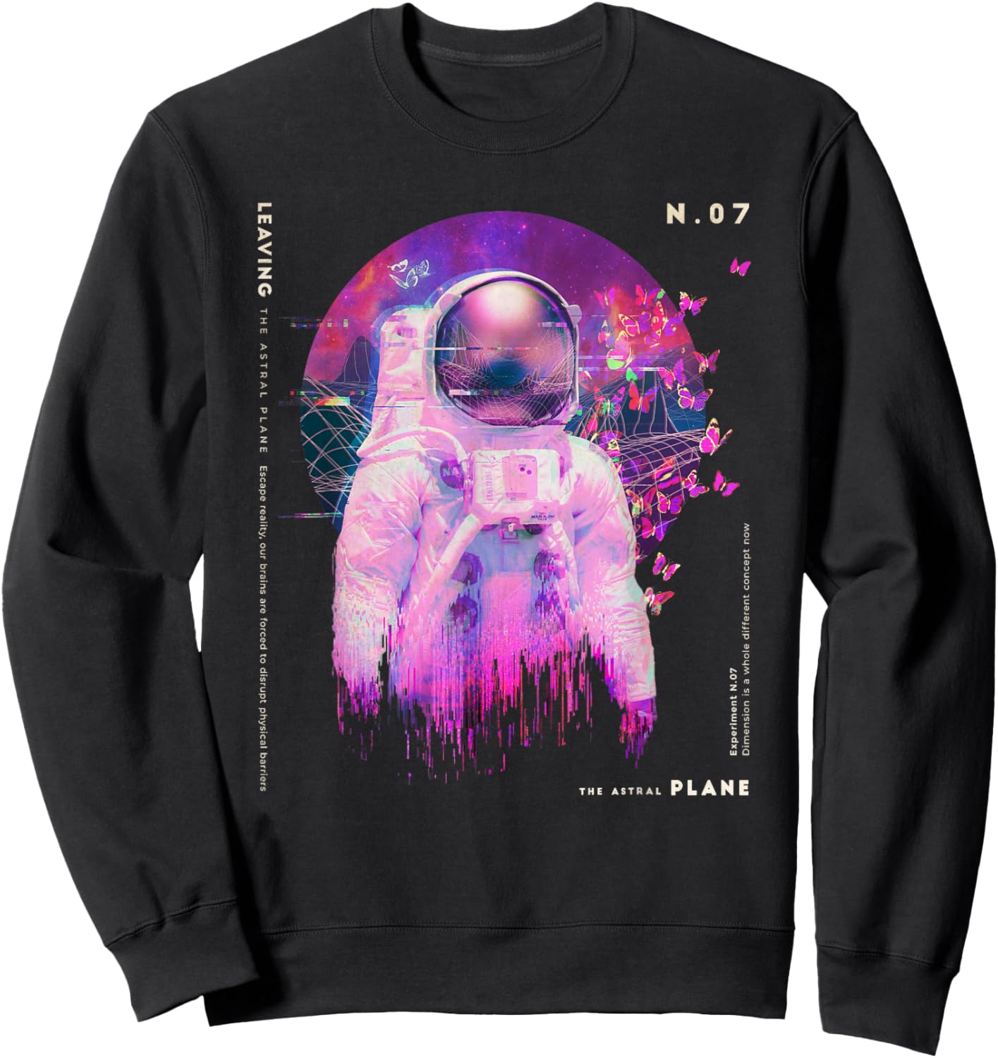 Astronaut vs Butterflies l Glitch Japanese Vaporwave Style Sweatshirt - Sweatshirt | Black