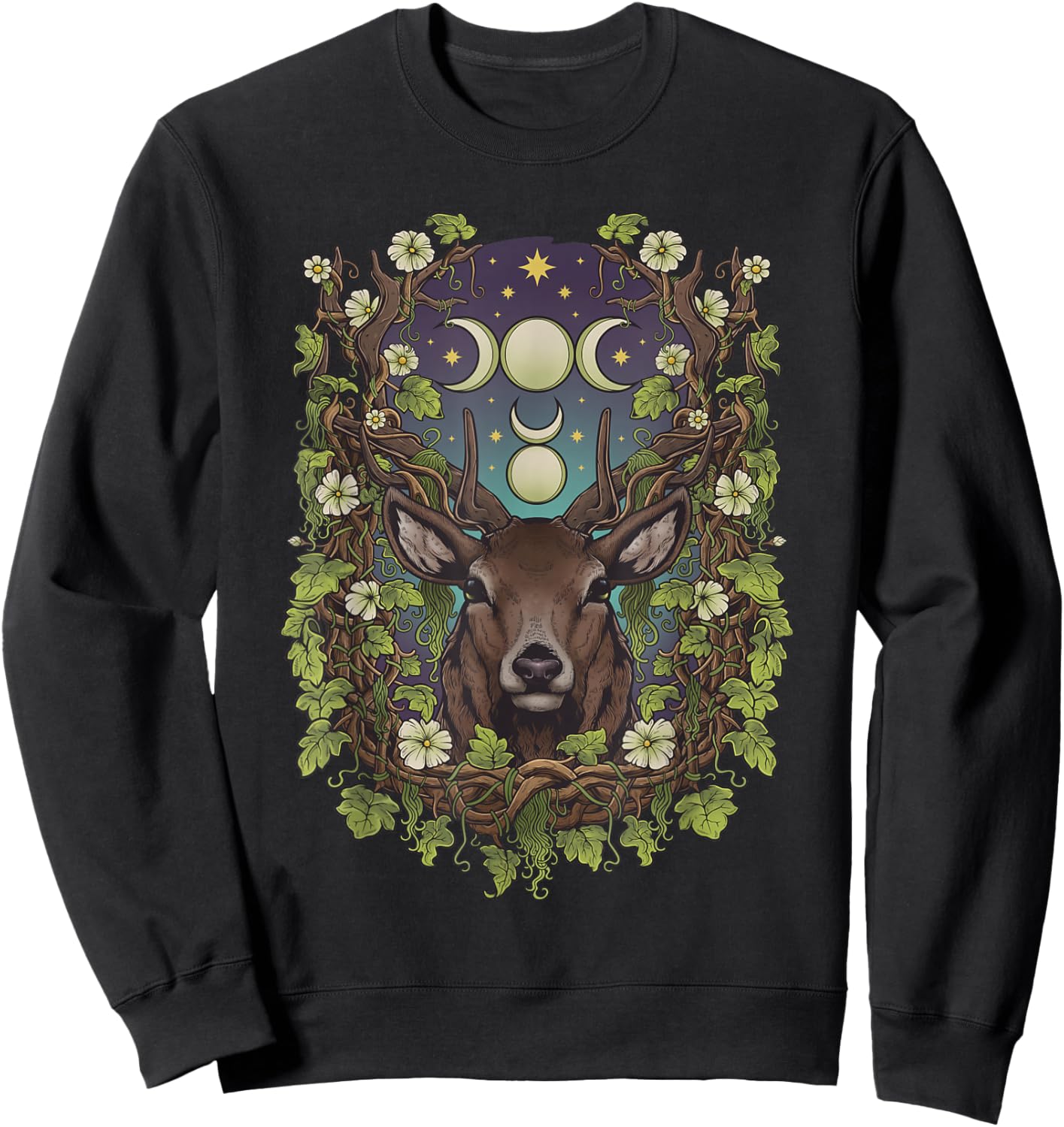 Art Nouveau Cernunnos Stag Bohemian Nature Moon Phases Wicca Sweatshirt - Sweatshirt | Black