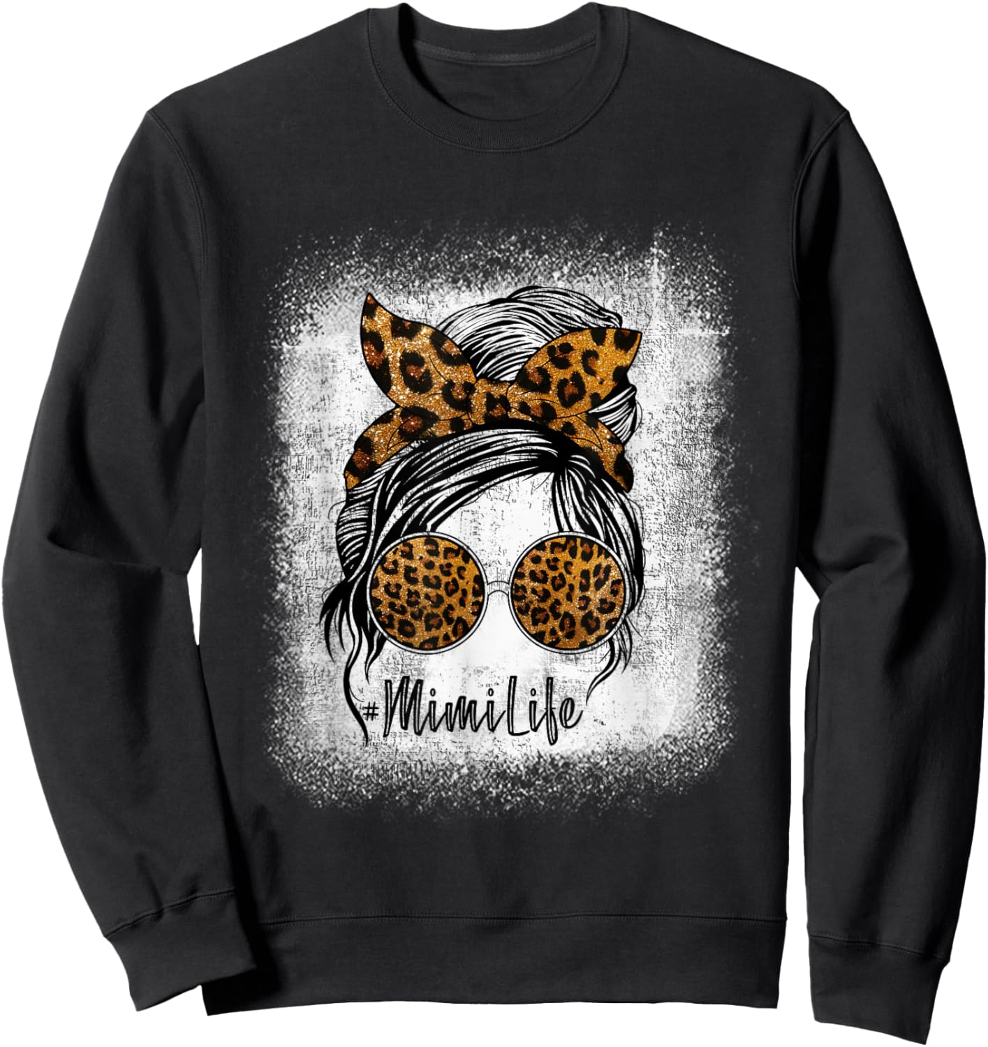 Mimi Life Messy Bun Sunglasses Bleached Mother’s Day Leopard Sweatshirt - Sweatshirt | Black