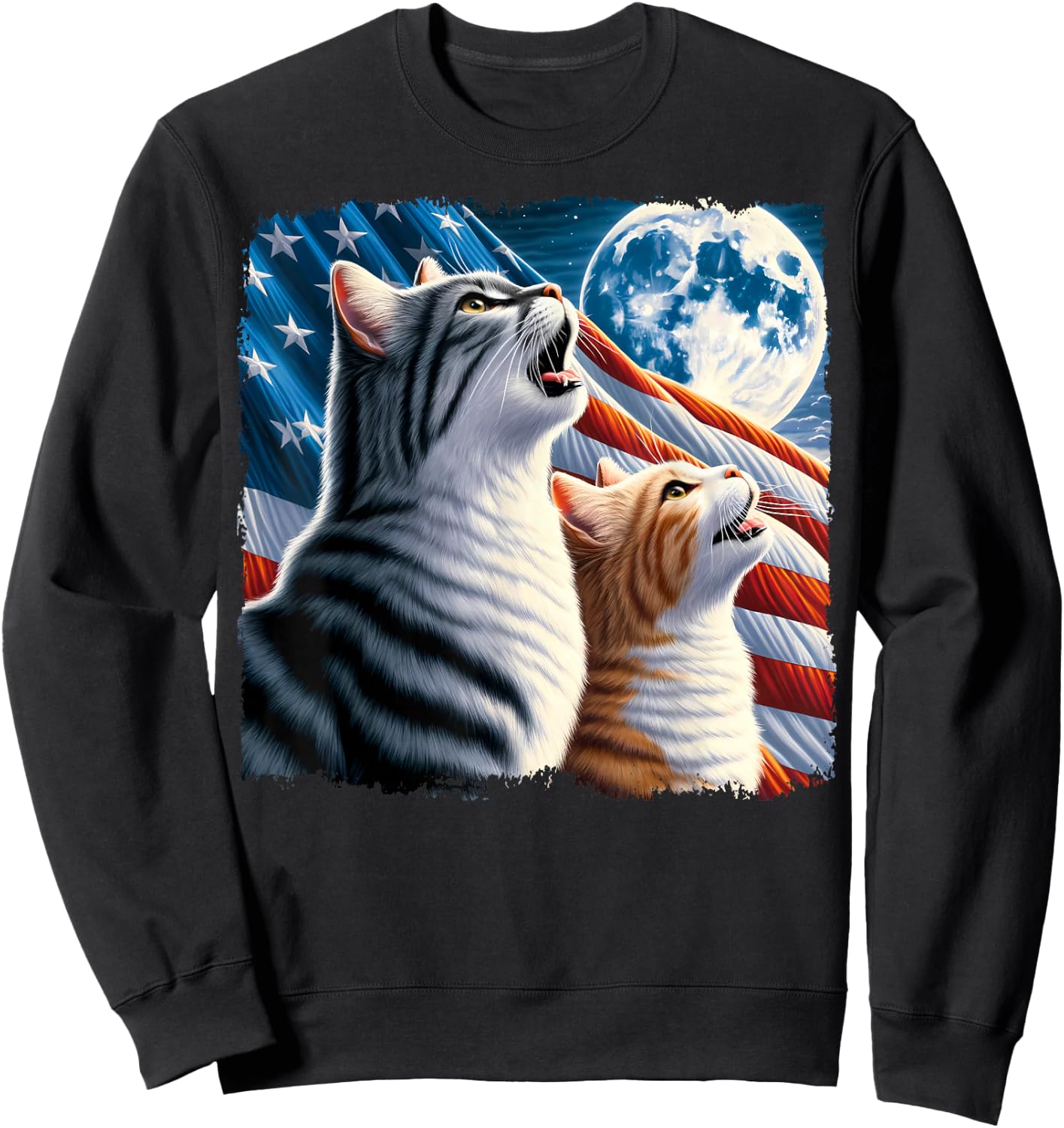Cat 4th of July American Flag Howling Cats Under Blood Moon Sweatshirt - Sweatshirt | Black