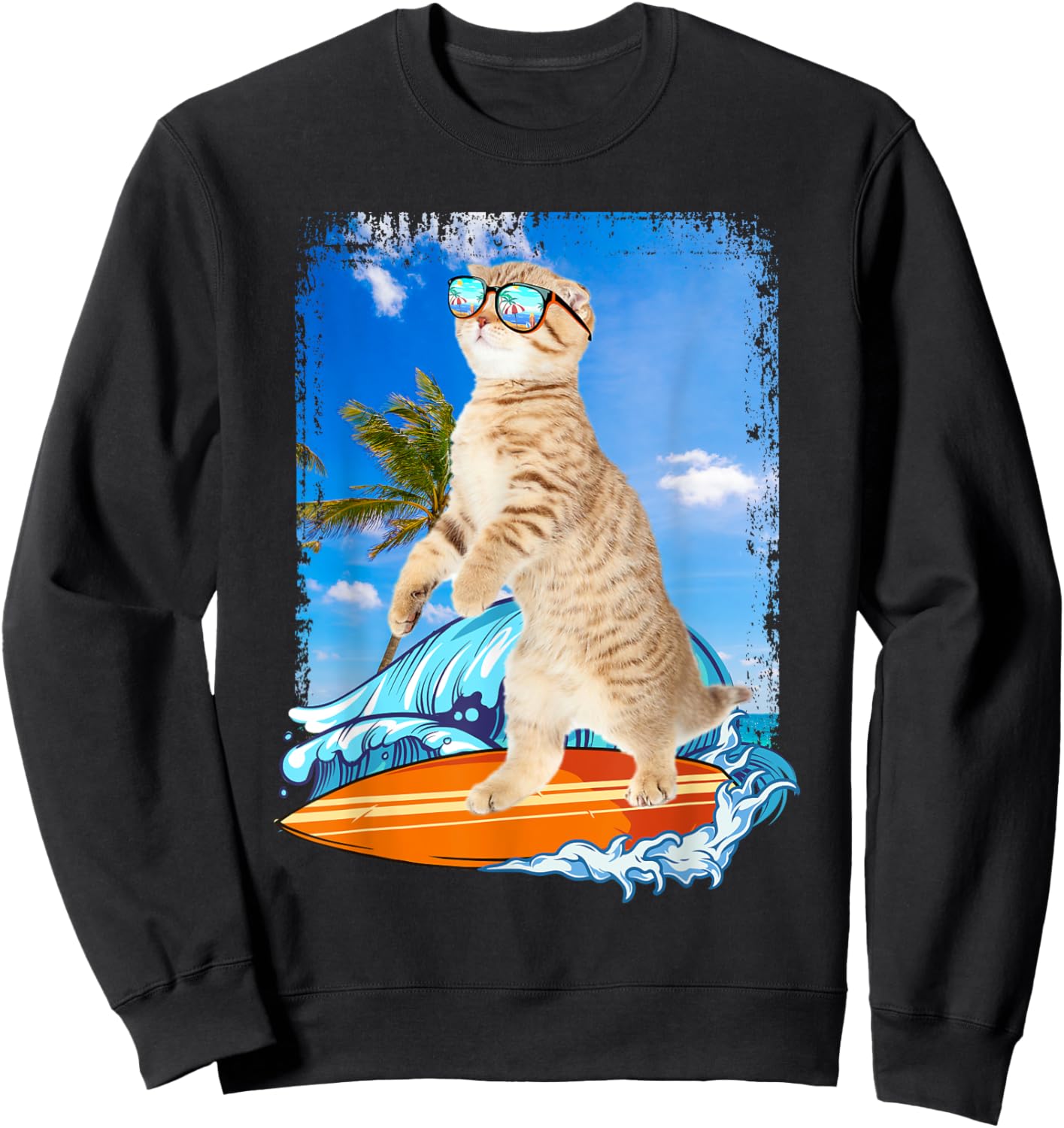 Cute Surfing Hawaiian Cat Lover Surfer Beach Summer Vacation Men Women Girls Kids Sweatshirt - Sweatshirt | Black