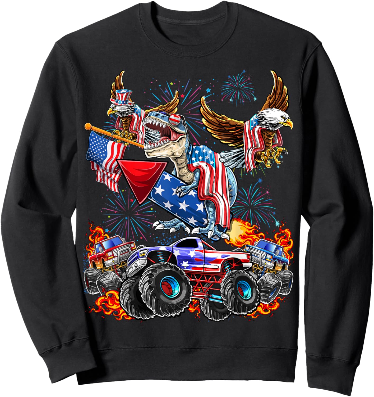 4th of July Dinosaur Monster Truck Bald Eagle American Flag Sweatshirt - Sweatshirt | Black
