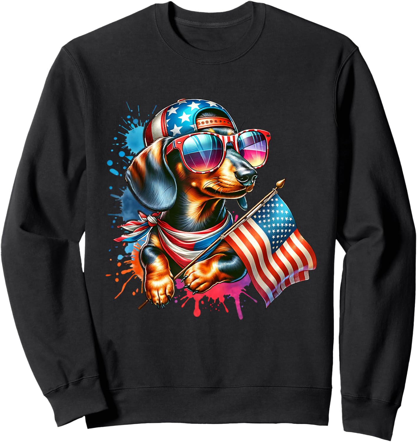 4th Of July Dachshund Dog Holding American Flag Dog Lover Sweatshirt - Sweatshirt | Black
