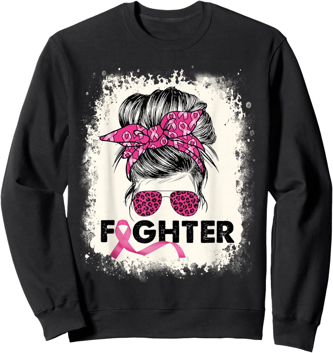 Fighter Messy Bun Breast Cancer Awareness Pink Warrior Sweatshirt - Sweatshirt | Black
