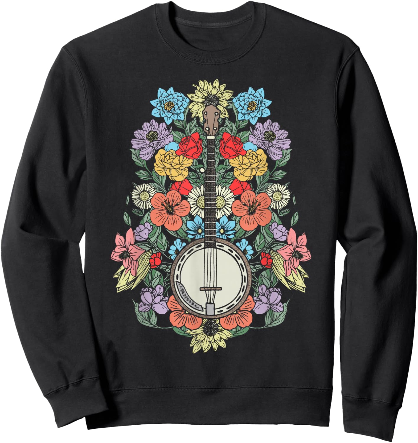 Banjo Flowers Vintage Stringed Bluegrass Folk Floral Pattern Sweatshirt - Sweatshirt | Black