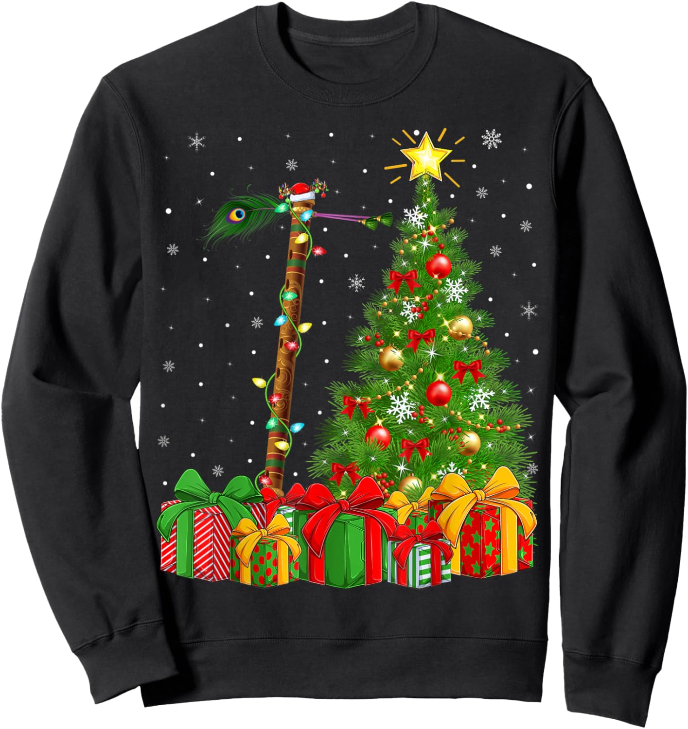Flute Music Lighting Xmas Tree Santa Hat Flute Christmas Sweatshirt - Sweatshirt | Black
