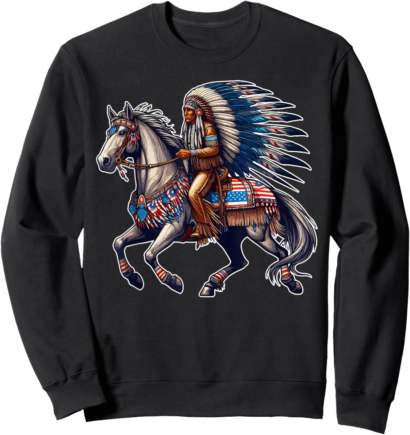 Native American Day Flag Indian Riding Horse 4th of July Kids Men Sweatshirt - Sweatshirt | Black