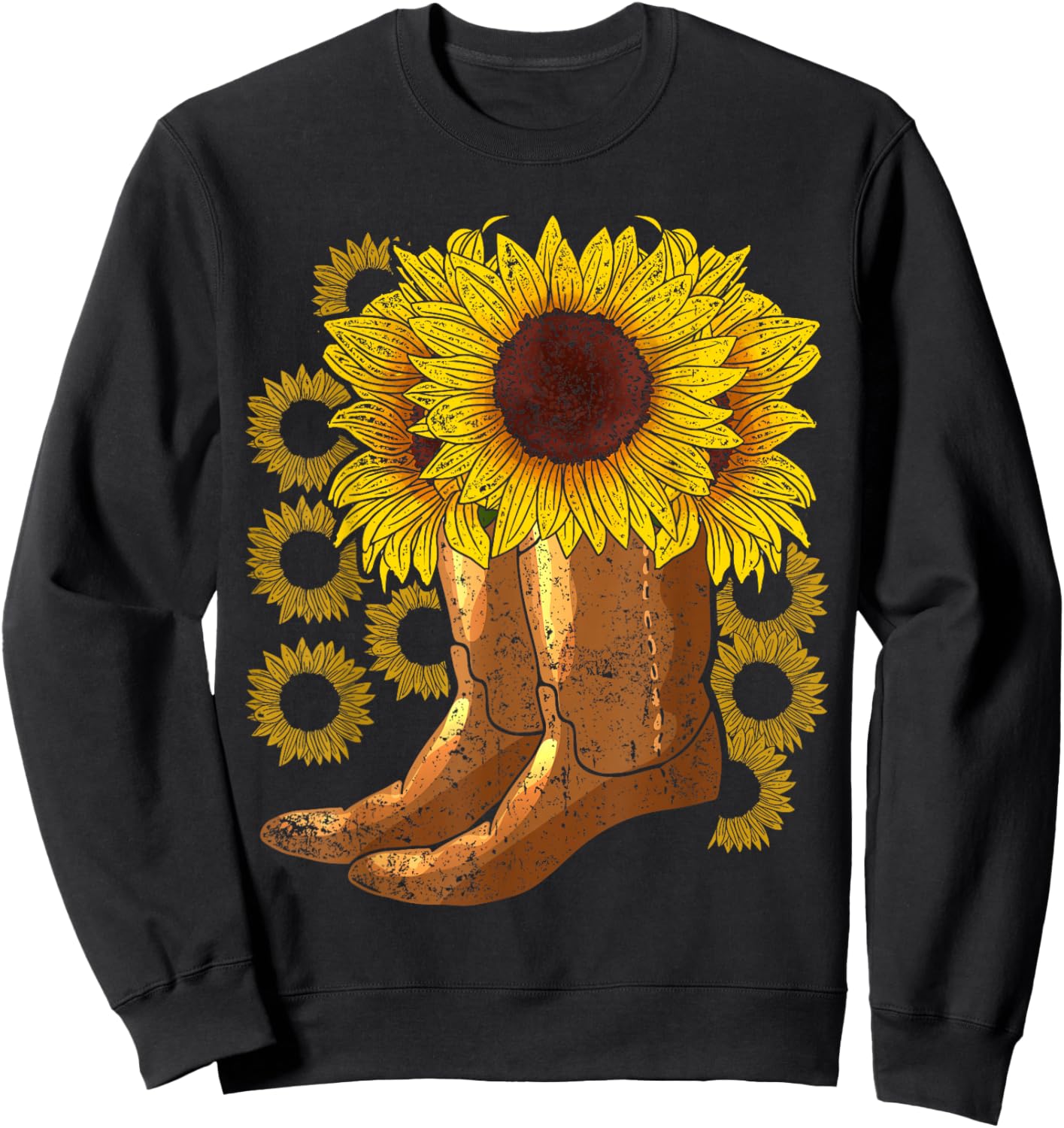 Yellow Flower Farmer Women Gift Cowboy Boots Sunflower Sweatshirt - Sweatshirt | Black