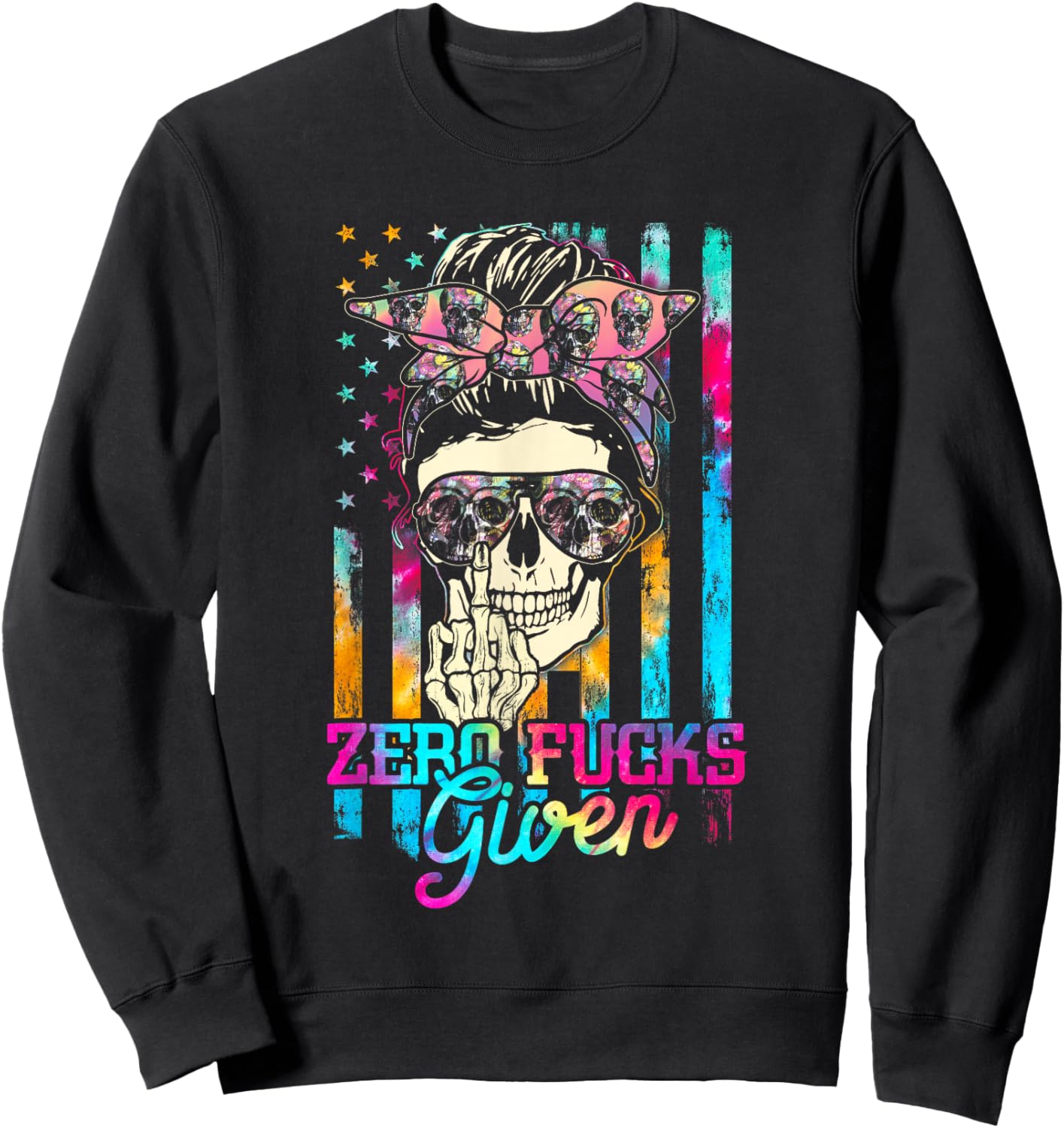 Skull Flag Skeleton Rainbow Messy Hair 0 Fucks Given Sweatshirt - Sweatshirt | Black