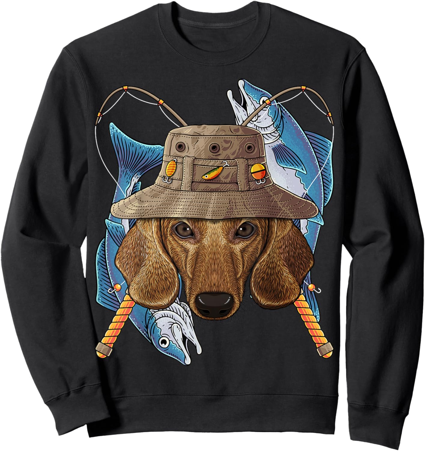 Fishing Dachshund Outdoor Fisherman Dog Cute Fly Fishing Sweatshirt - Sweatshirt | Black