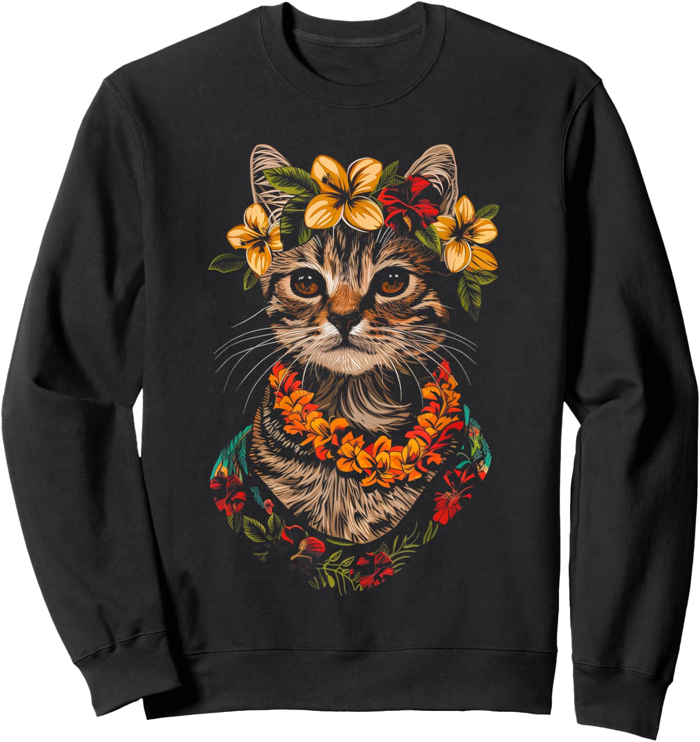 Cat Hawaiian Flowers Hula Hibiscus Funny Cute Hawaii Sweatshirt - Sweatshirt | Black