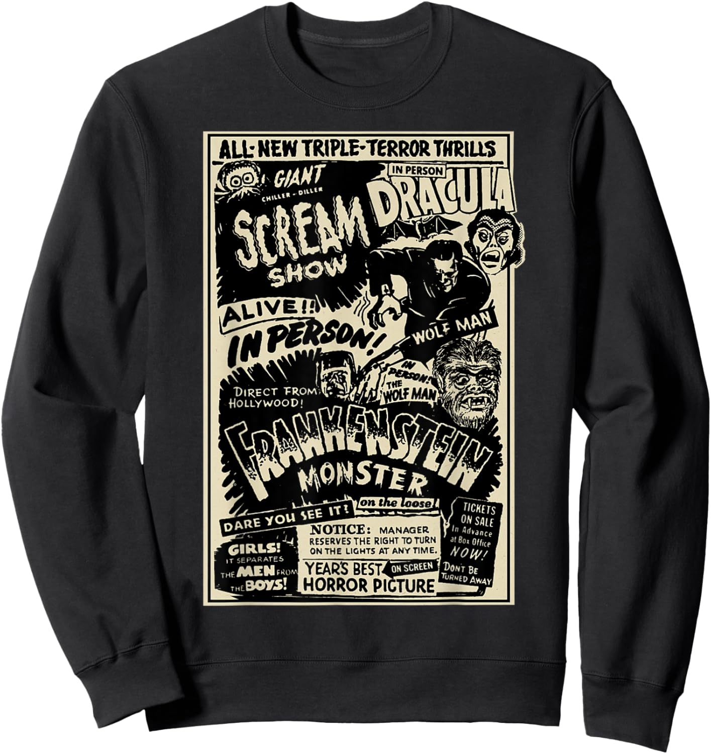 Horror Movie Monster Mummy Dracula Werewolf Frankenstein Sweatshirt - Sweatshirt | Black