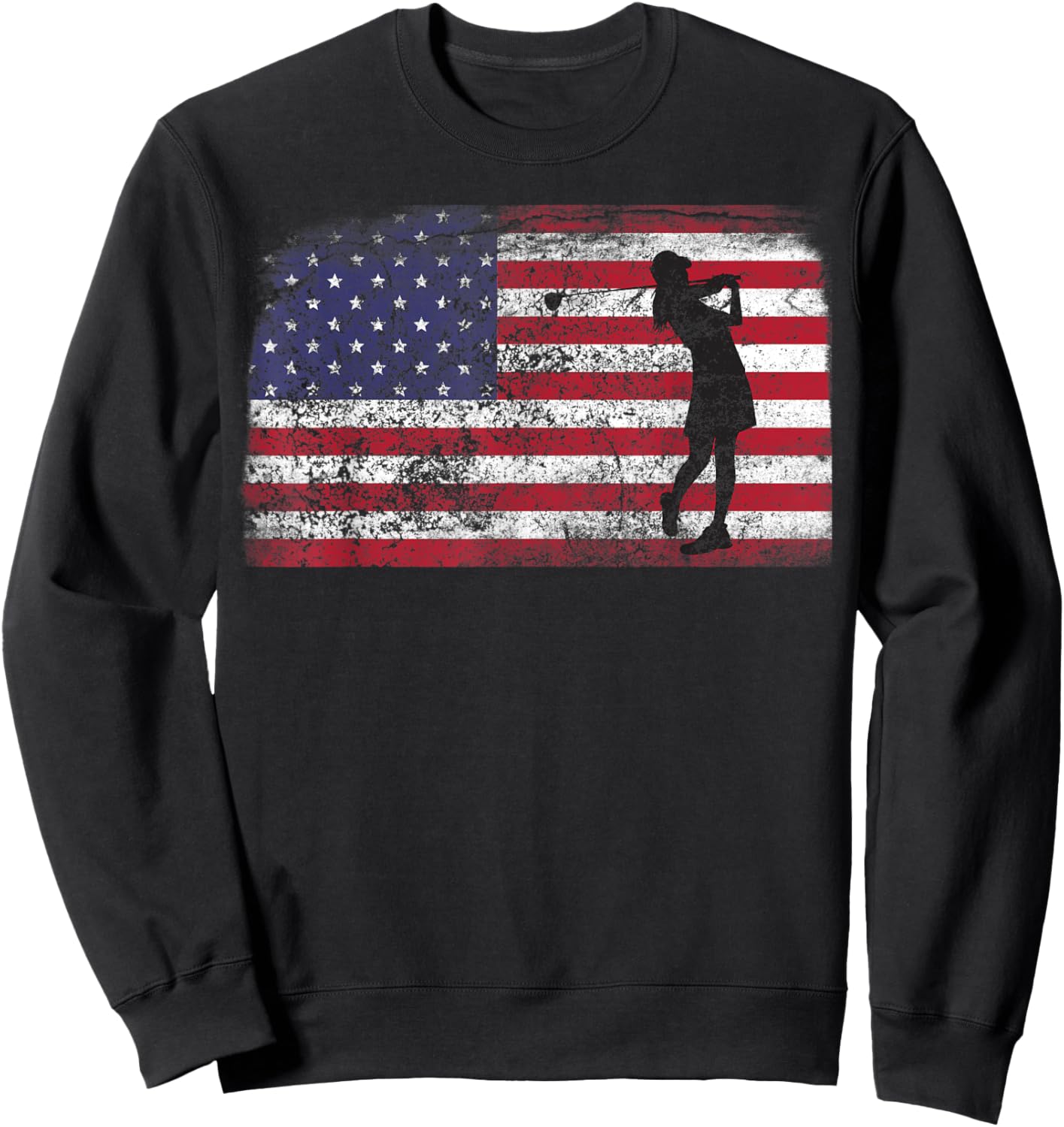 Patriotic Woman Golf Female USA Golfer American Flag Sweatshirt - Sweatshirt | Black