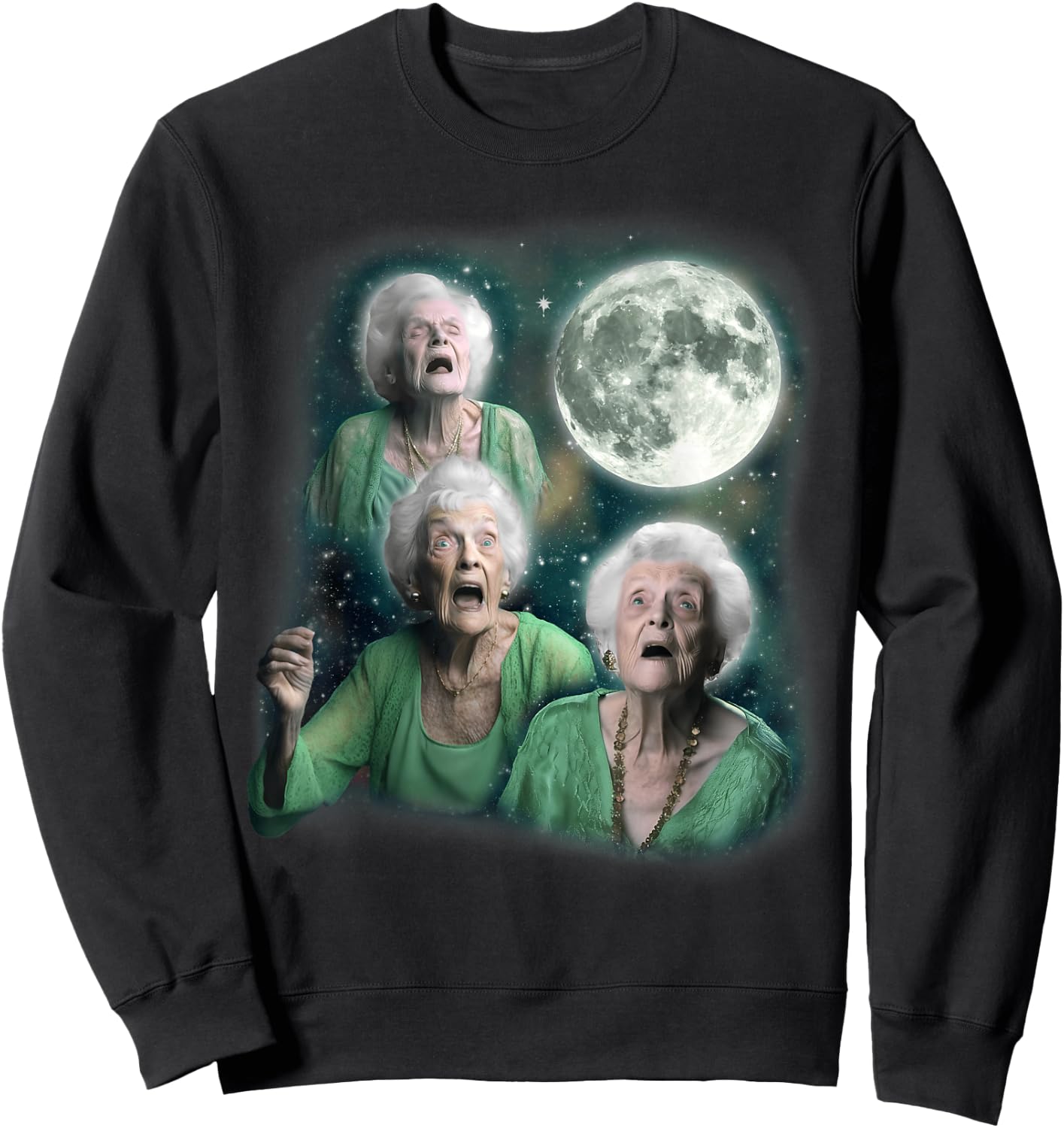 Three Granny Moon | 3 Old Ladys Howling Weird Cursed Meme Sweatshirt - Sweatshirt | Black