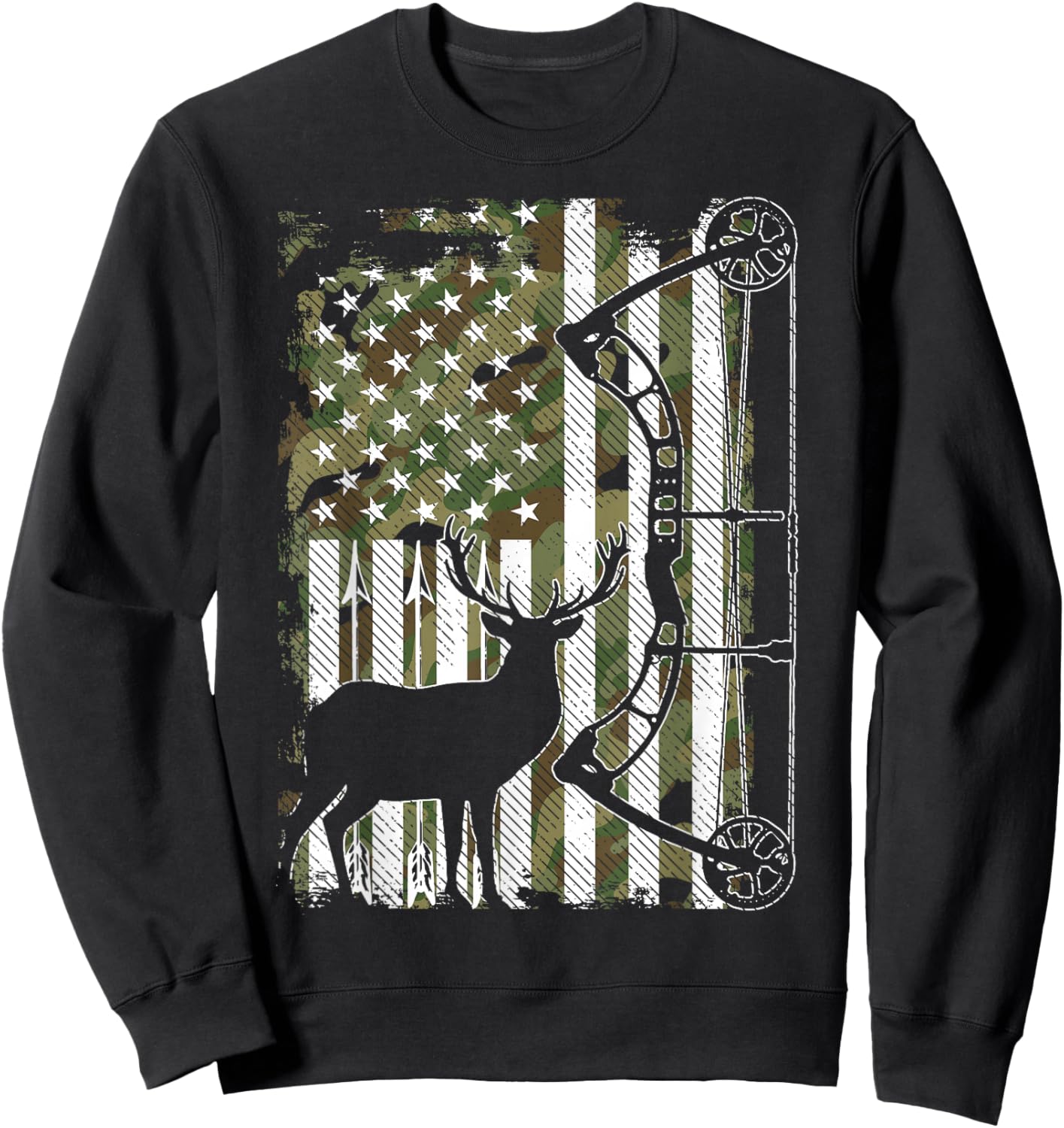Bow Hunting Deer Hunter Camo American Flag Hunters Sweatshirt - Sweatshirt | Black