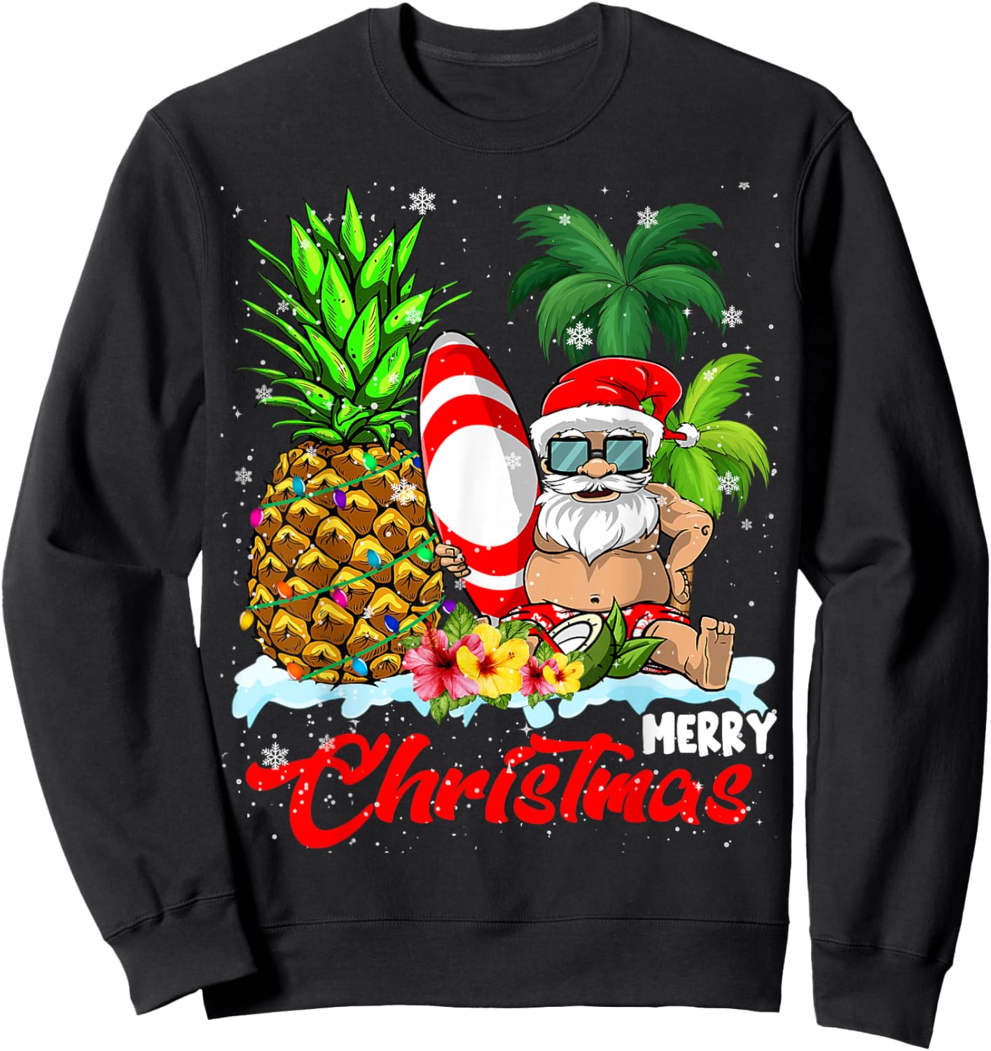 Merry Christmas Xmas Lights Santa Surfing Hawaiian Pineapple Sweatshirt - Sweatshirt | Black