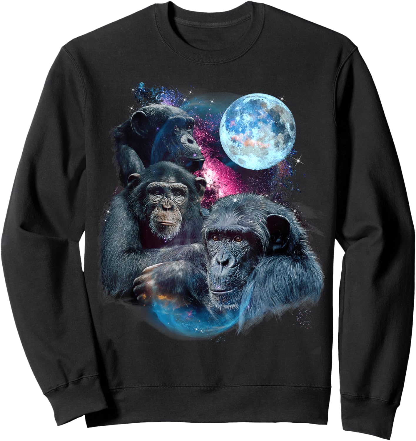 3 Moon Chimpanzee Art Monkey Chimp Ape Animal Lover Novelty Sweatshirt - Sweatshirt | Black