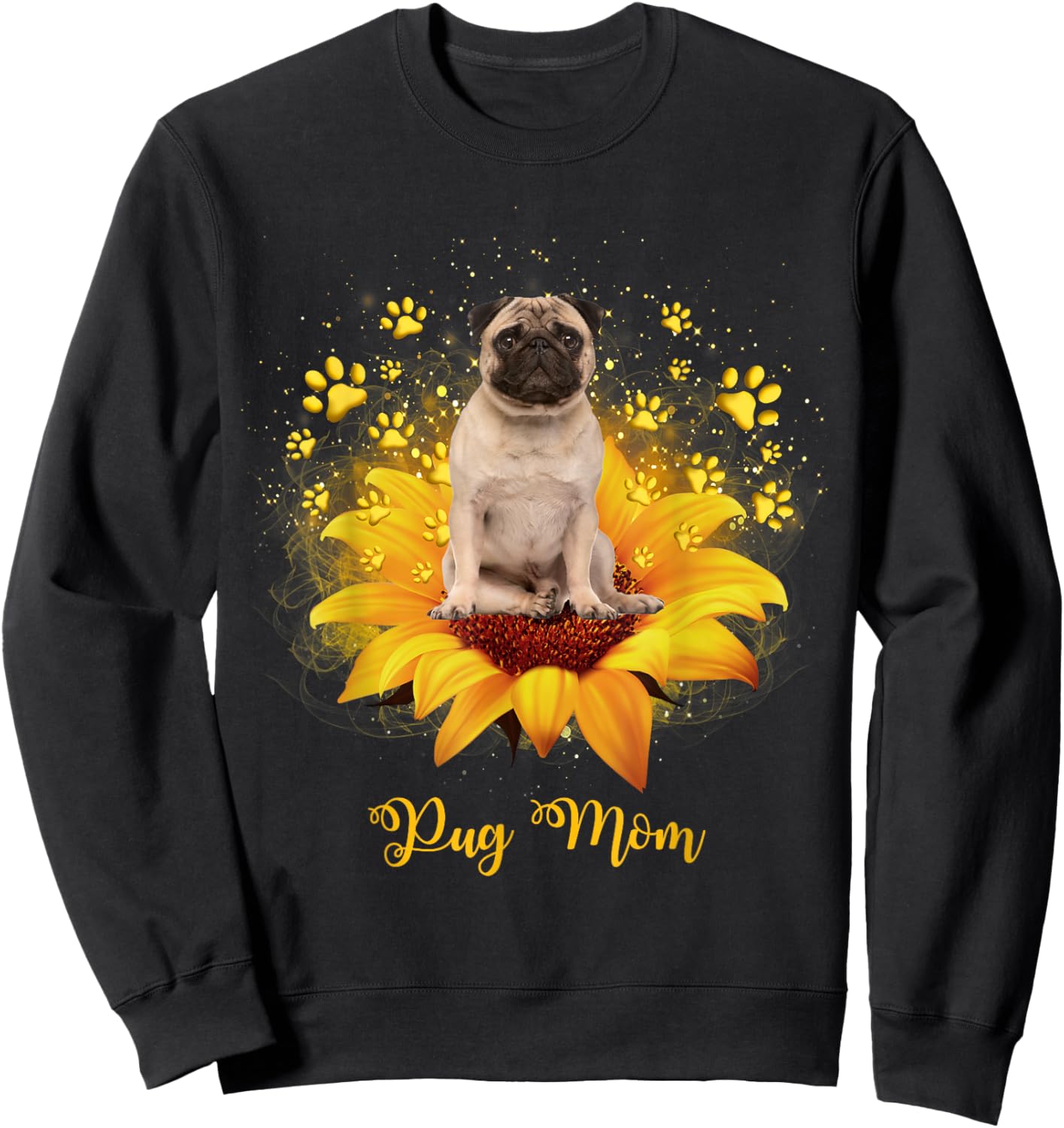 Pug Mom Sunflower With Dog Paw Mother's Day Sweatshirt - Sweatshirt | Black