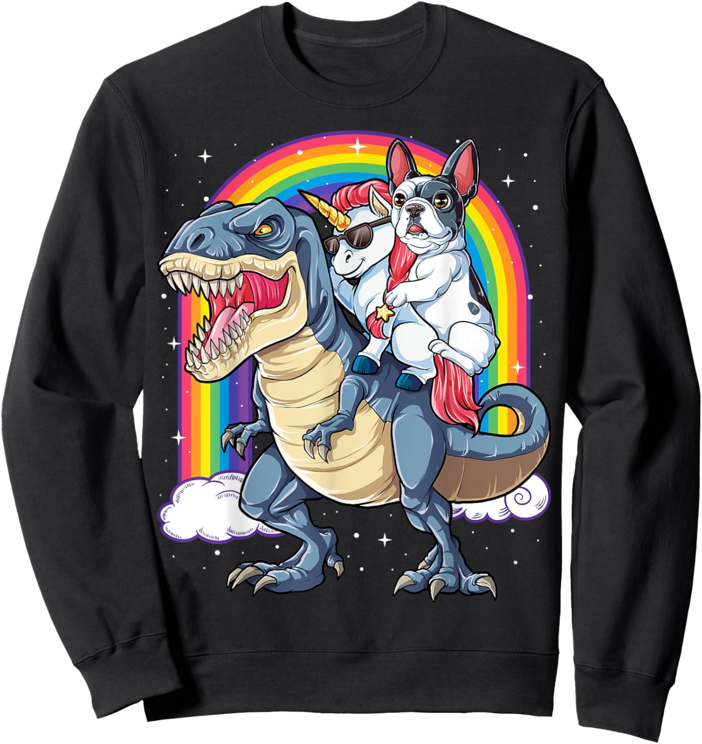 French Bulldog Unicorn Riding Dinosaur T rex Gifts Girls Sweatshirt - Sweatshirt | Black