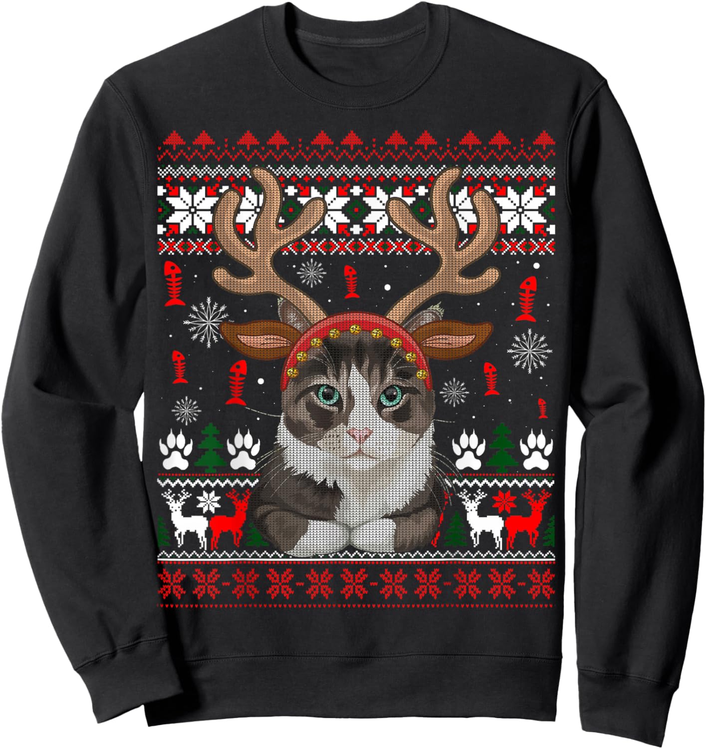 Christmas Cat Reindeer Ugly Christmas Sweater Sweatshirt - Sweatshirt | Black